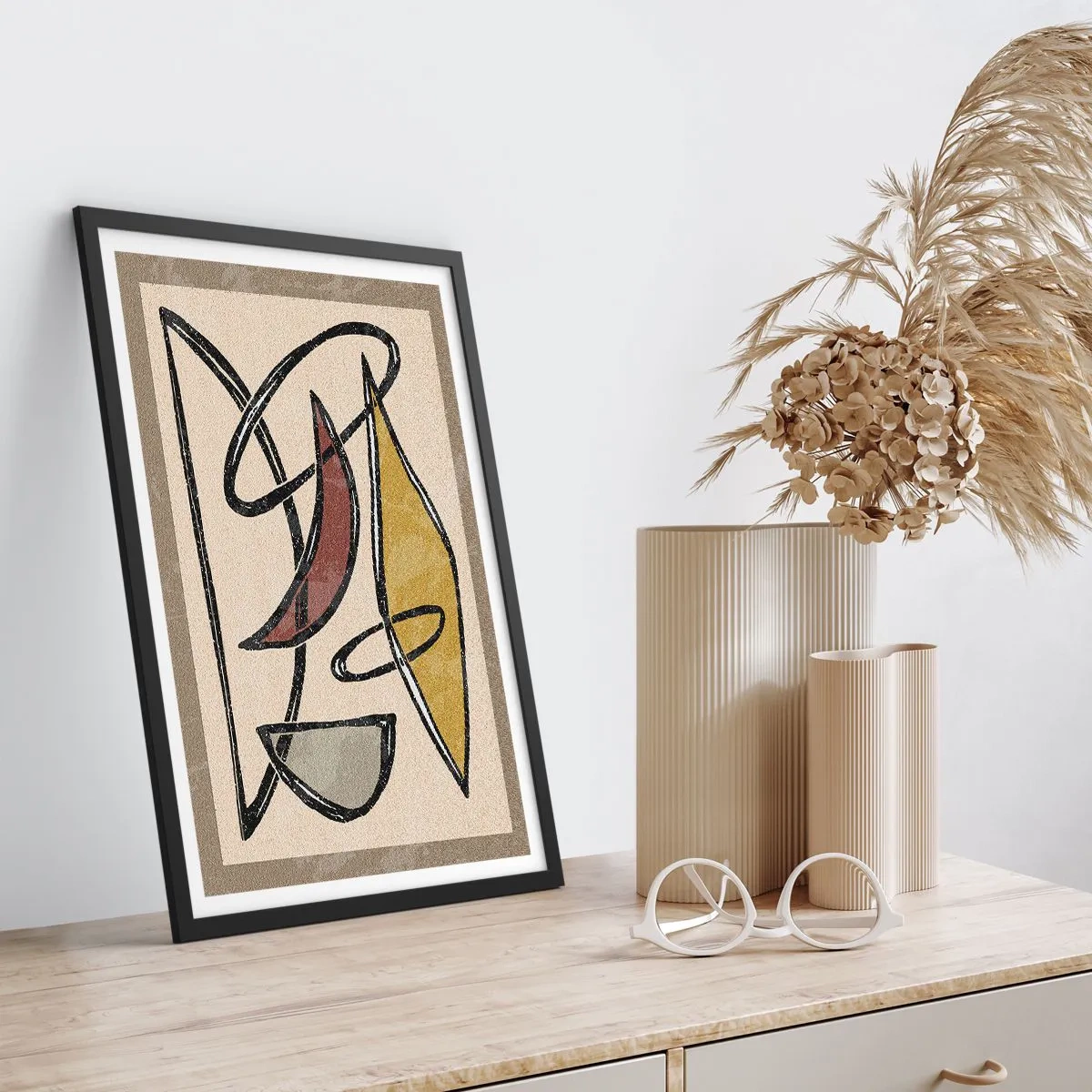 Poster în ramă neagră - Abstracție geometrică în nuanțe de bej și maro - 50x70cm - Vertical și orizontal - Decorațiune modernă pentru perete pentru living și dormitor ARTTOR