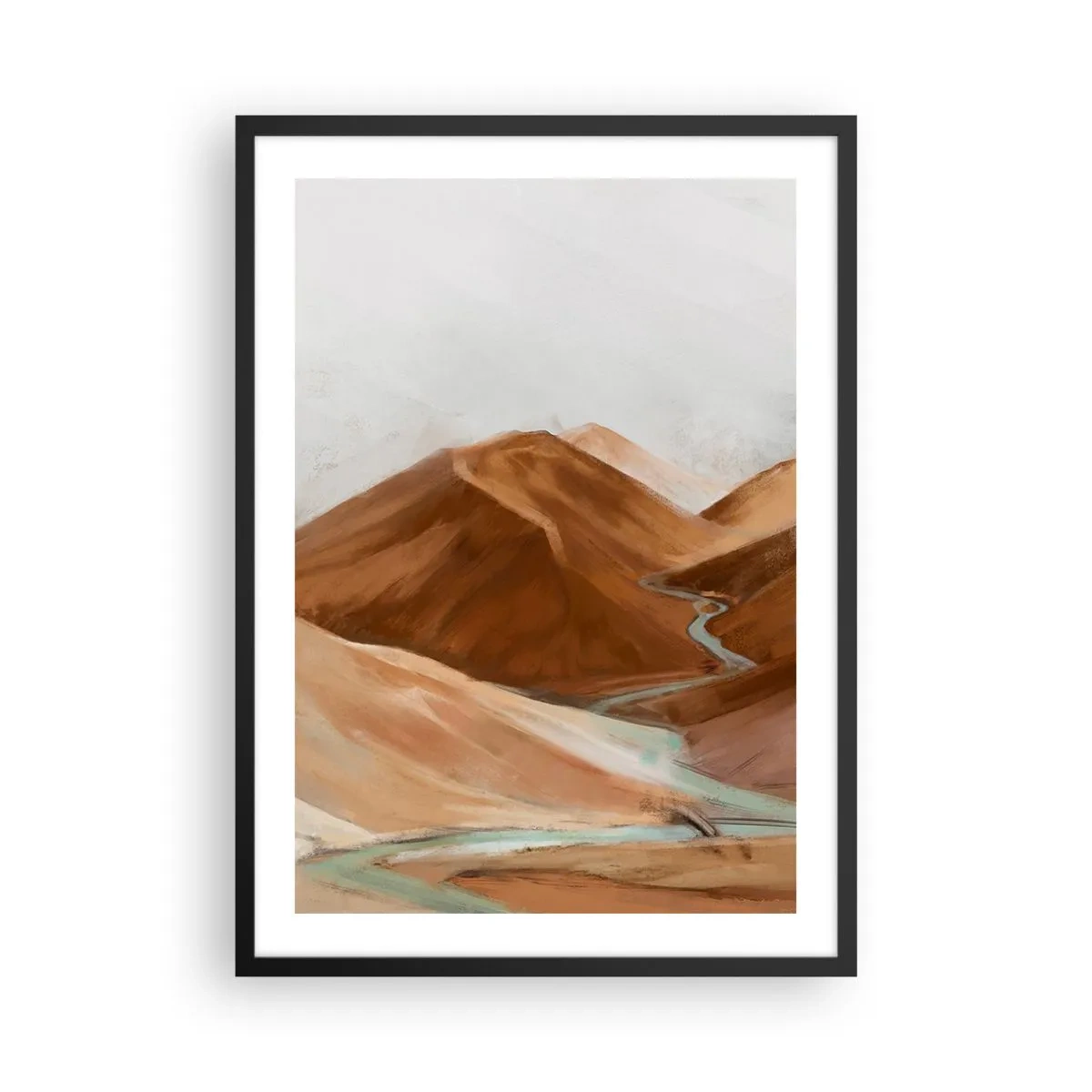 Poster în ramă neagră - Un râu care curge prin munți maronii, un peisaj stilizat - 50x70cm - La sursă - Decorațiune modernă pentru perete pentru living și dormitor ARTTOR