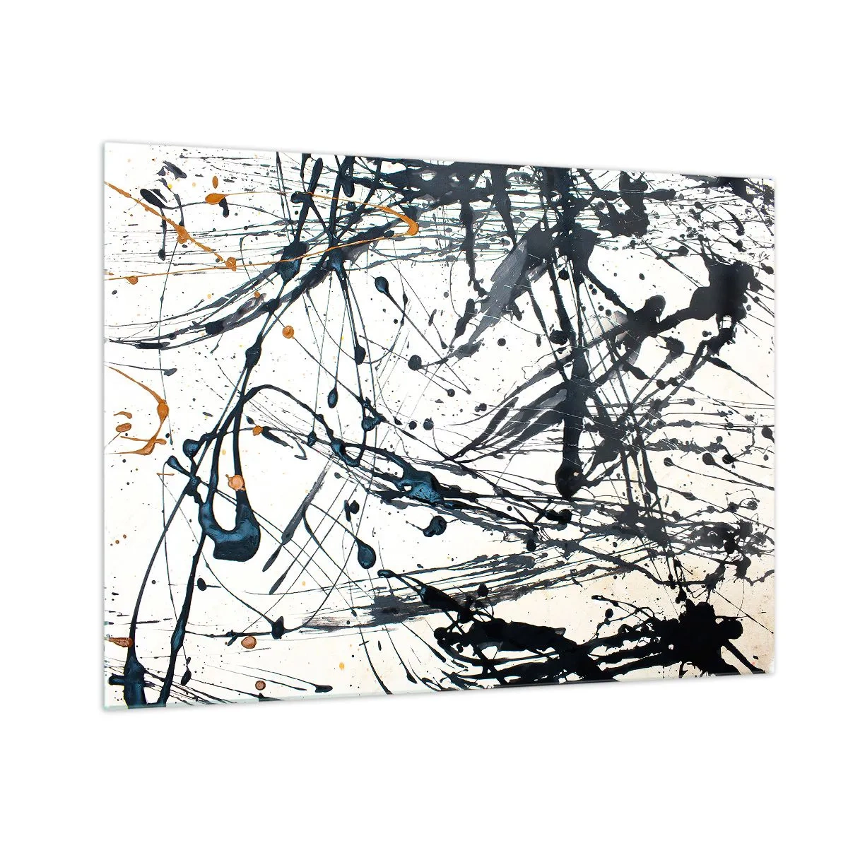 Tablou pe sticlă - Stropi dinamici de vopsea pe un fundal alb - 70x50cm - Abstracție expresionistă - Decorațiune modernă pentru perete pentru living și dormitor ARTTOR