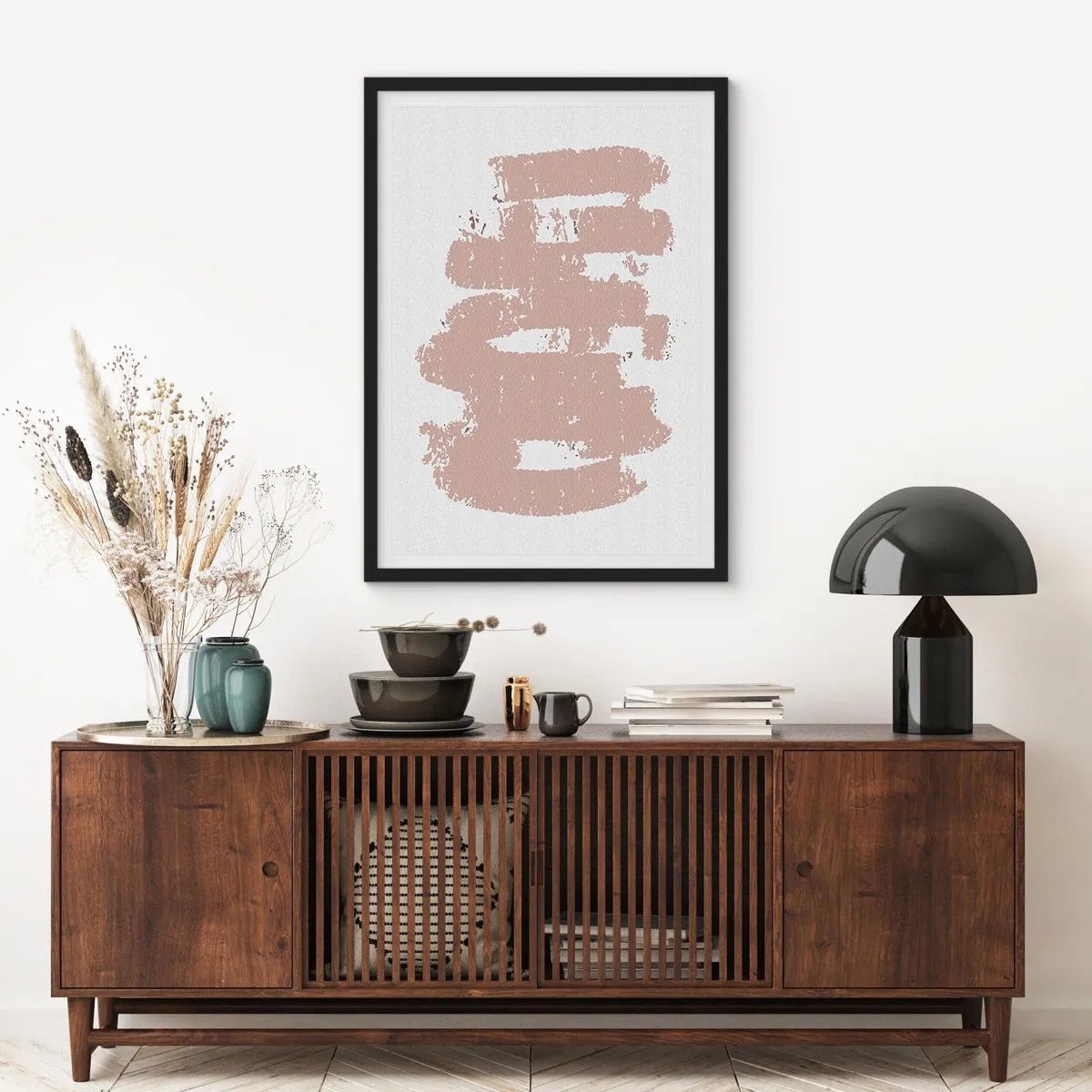 Poster în ramă neagră - O compoziție minimalistă în nuanțe de bej - 50x70cm - Abstracție în roz moale - Decorațiune modernă pentru perete pentru living și dormitor ARTTOR