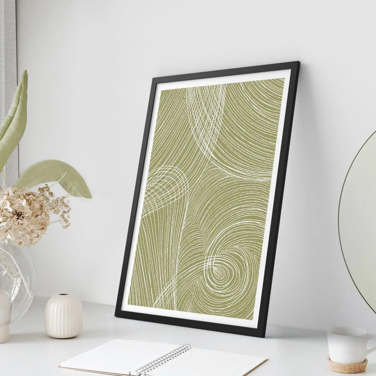 Poster în ramă neagră - O compoziție abstractă în nuanțe de verde cu linii dinamice. - 50x70cm - Abstracție complicată în alb - Decorațiune modernă pentru perete pentru living și dormitor ARTTOR