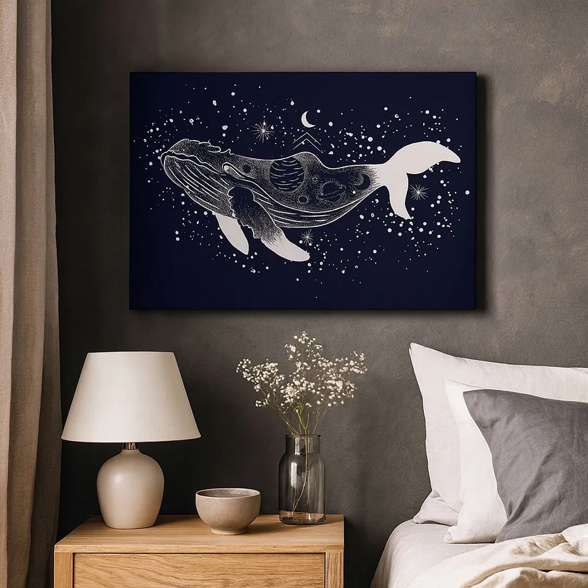 Tablou pe pânză Canvas - O ilustrație grafică a unei balene într-un stil de eră spațială. - 70x50cm - În oceanul universului - Decorațiune modernă pentru perete pentru living și dormitor ARTTOR