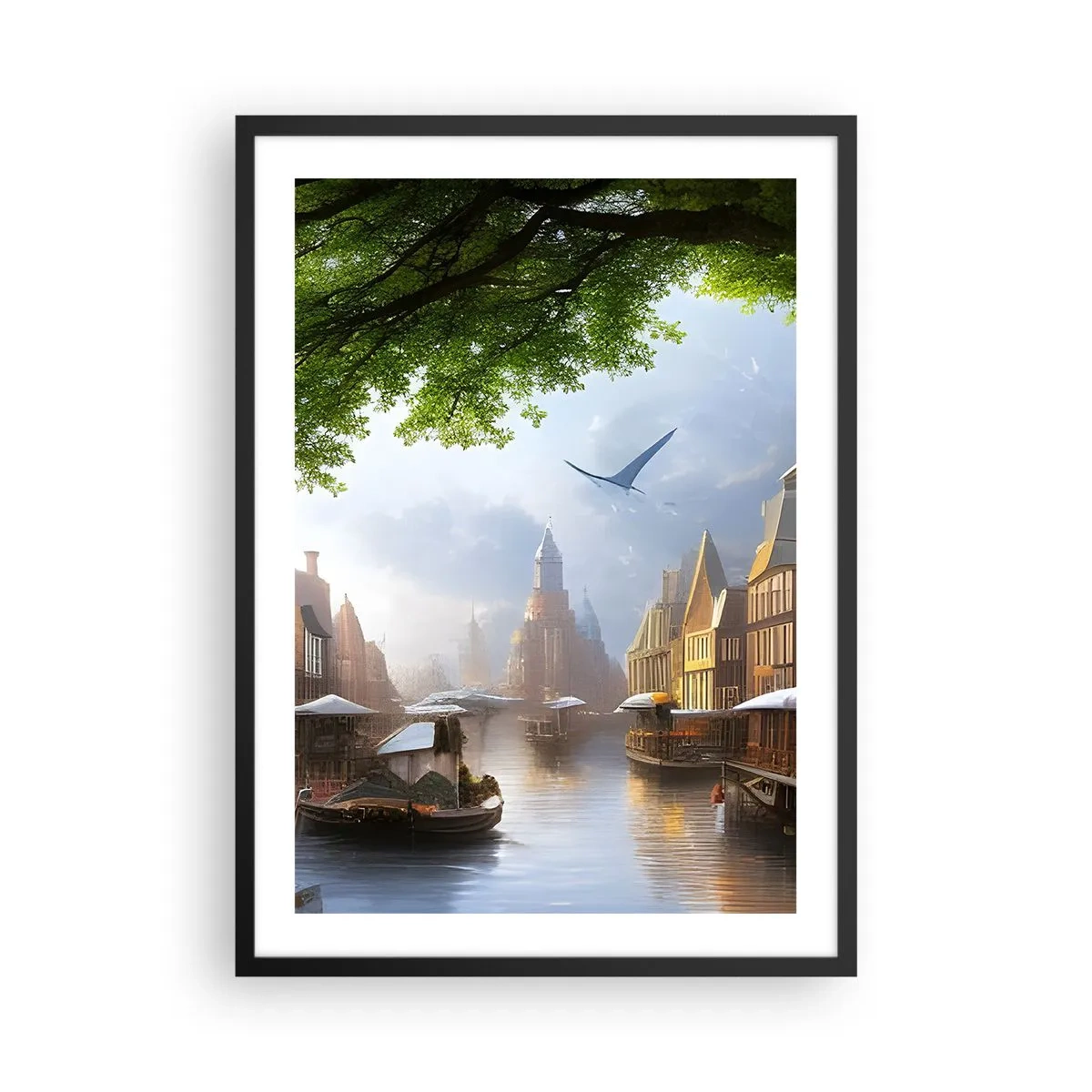 Poster în ramă neagră - Vedere pitorească a canalului cu arhitectură istorică - 50x70cm - Peisaj urban olandez  - Decorațiune modernă pentru perete pentru living și dormitor ARTTOR