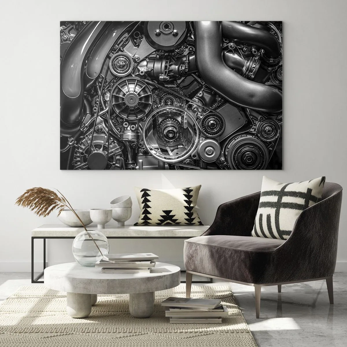 Tablou pe sticlă - Detaliu al unui motor alb-negru cu mecanisme vizibile - 70x50cm - Poezia mecanicii - Decorațiune modernă pentru perete pentru living și dormitor ARTTOR