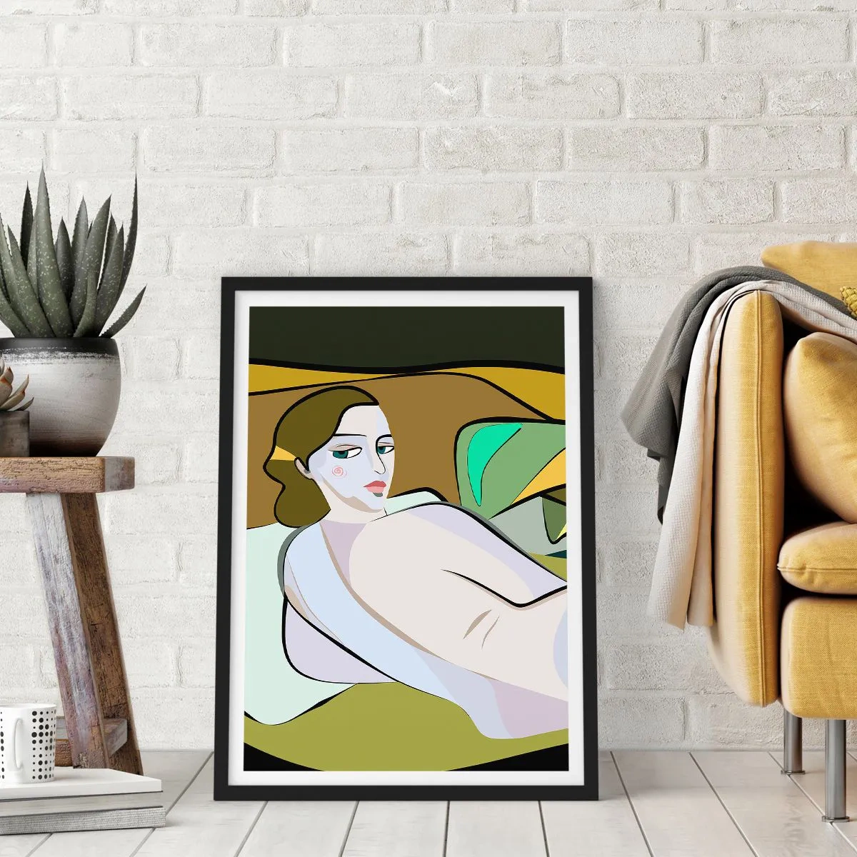 Poster în ramă neagră - O femeie într-un stil abstract pe un fundal verde și maro - 50x70cm - Portret intim - Decorațiune modernă pentru perete pentru living și dormitor ARTTOR