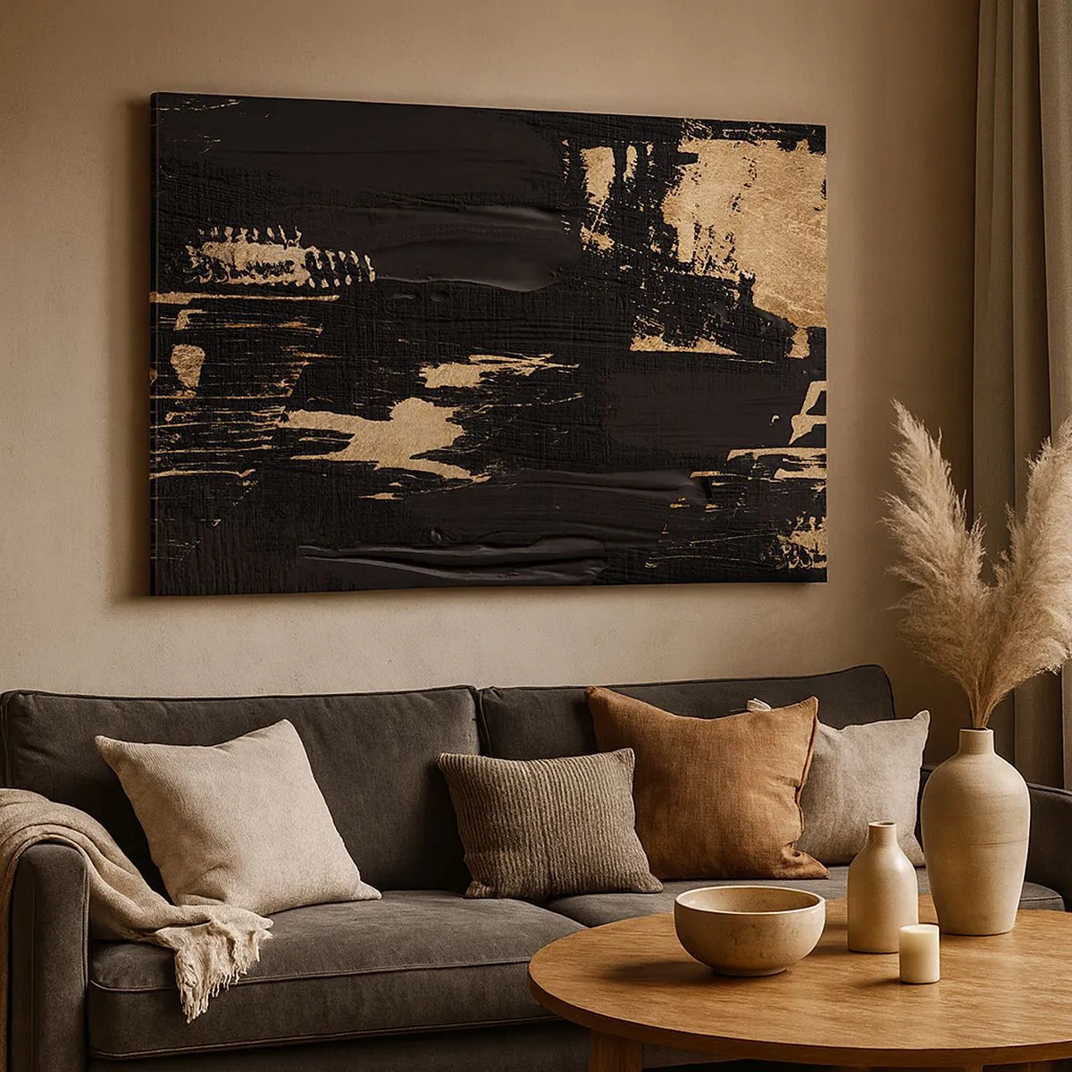 Tablou pe pânză Canvas - Compoziție abstractă în nuanțe de negru și auriu - 70x50cm - O urmă de atingere - Decorațiune modernă pentru perete pentru living și dormitor ARTTOR