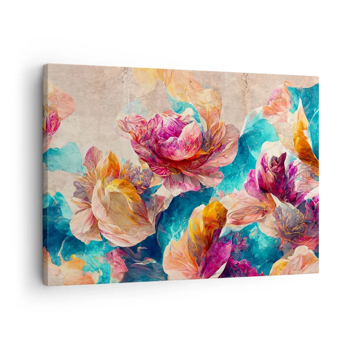 Tablou pe pânză Canvas - Flori colorate pe un fundal bej - 70x50cm - Splendoarea colorată a buchetului de flori - Decorațiune modernă pentru perete pentru living și dormitor ARTTOR