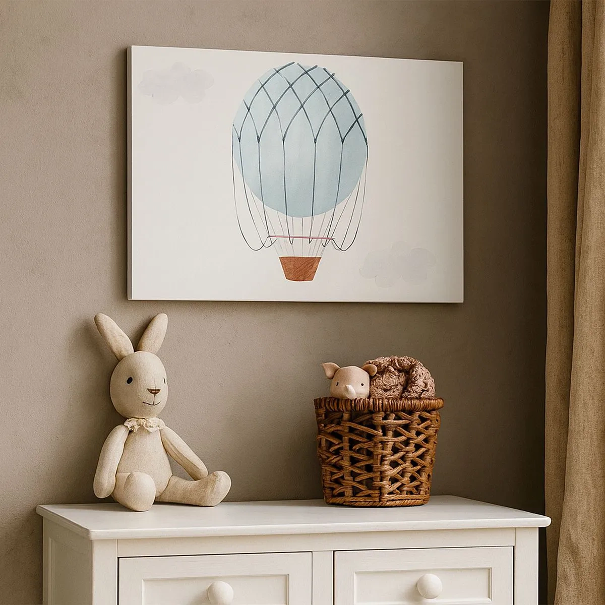 Tablou pe pânză Canvas - Un balon pictat manual pe un fundal de nori delicați. - 70x50cm - Complet în nori - Decorațiune modernă pentru perete pentru living și dormitor ARTTOR