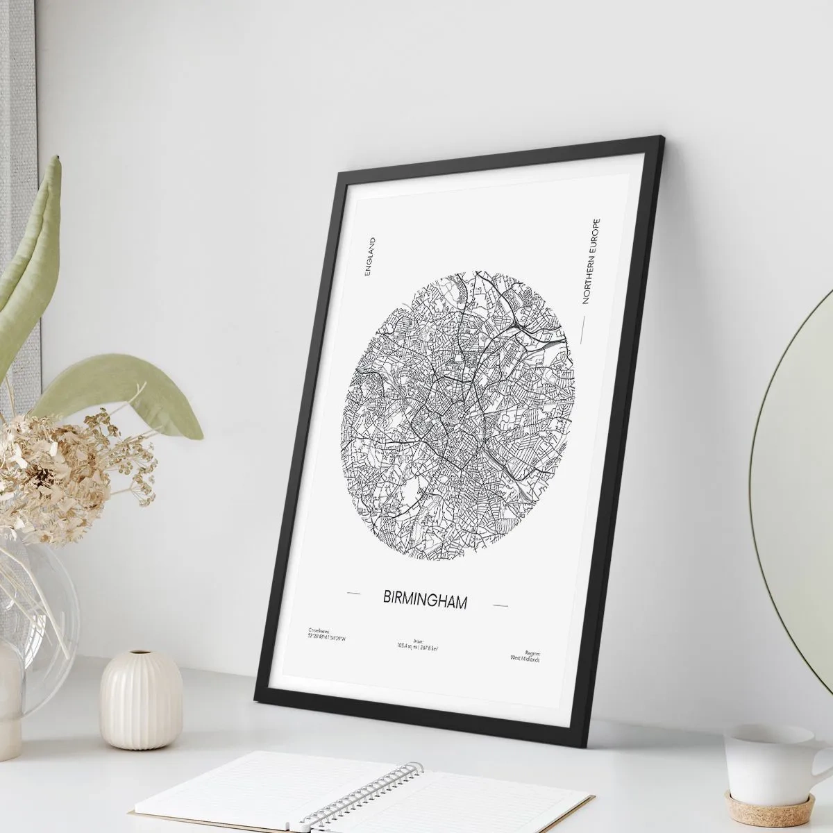 Poster în ramă neagră - O hartă minimalistă alb-negru a orașului Birmingham - 50x70cm - Anatomia Birmingham - Decorațiune modernă pentru perete pentru living și dormitor ARTTOR