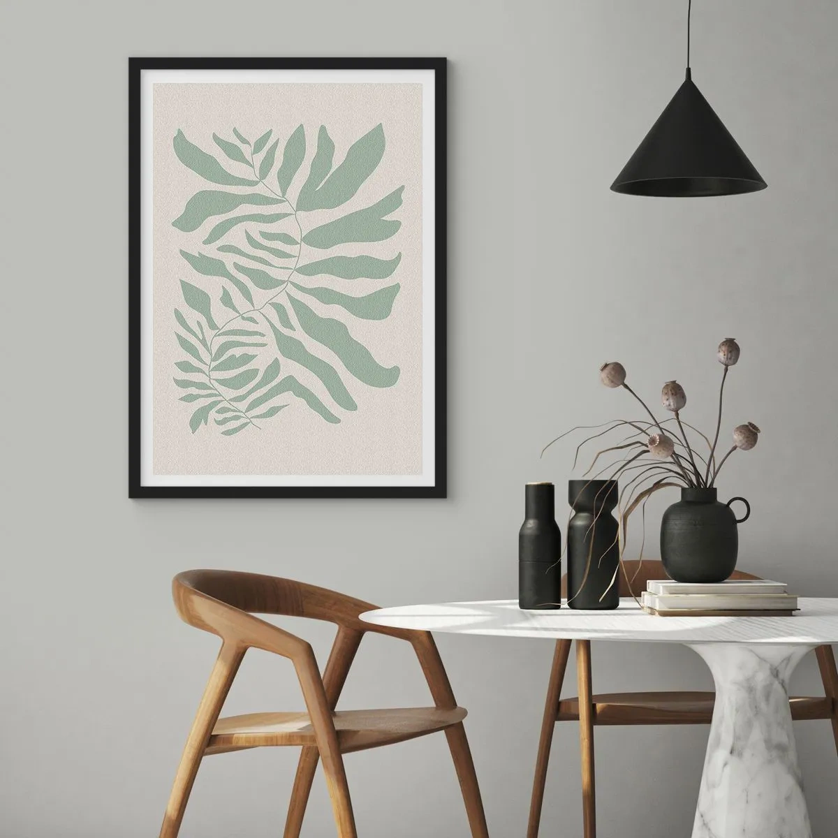 Poster în ramă neagră - O ilustrație minimalistă a unei plante în nuanțe de verde - 50x70cm - Ramura de smarald - Decorațiune modernă pentru perete pentru living și dormitor ARTTOR