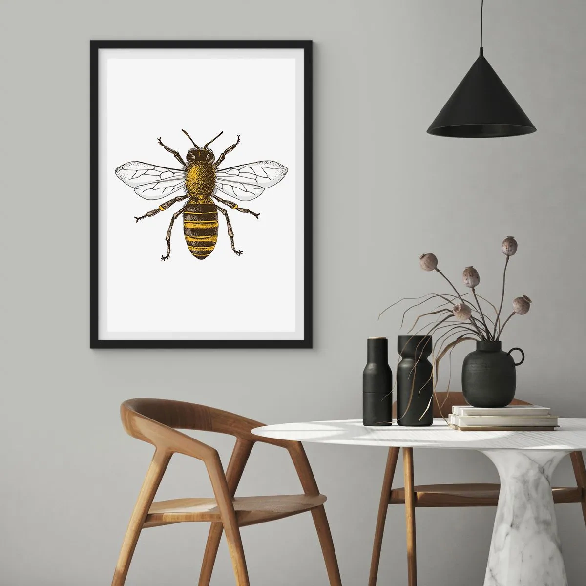 Poster în ramă neagră - Ilustrație detaliată a albinei vintage - 50x70cm - Frumoasă și bună - Decorațiune modernă pentru perete pentru living și dormitor ARTTOR
