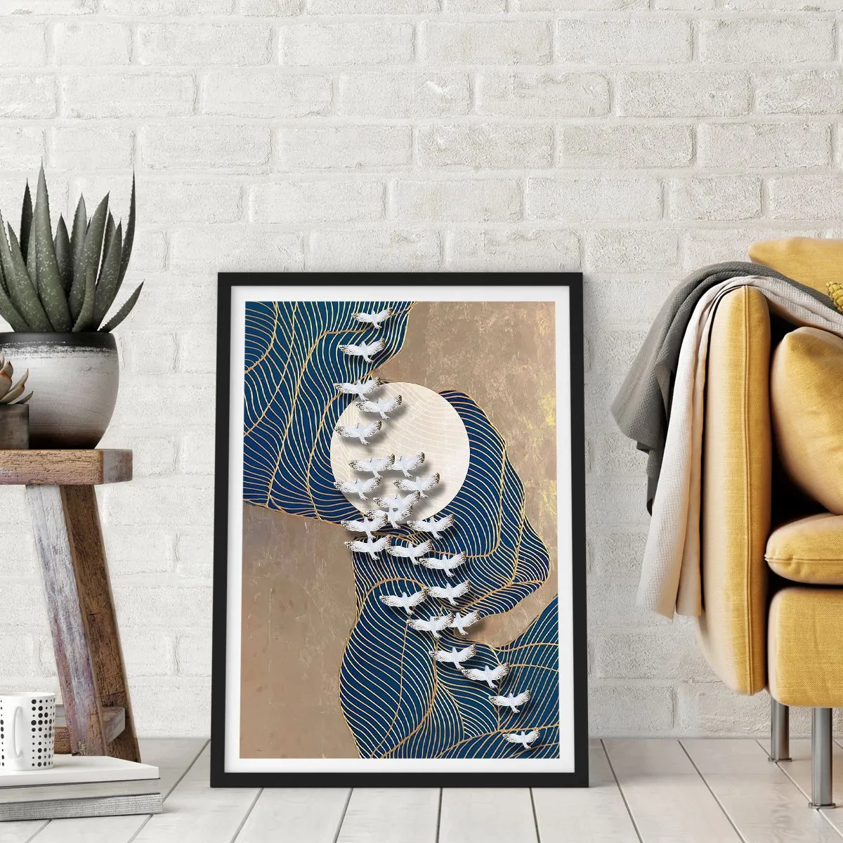 Poster în ramă neagră - Compoziție abstractă cu păsări și lună în tonuri aurii - 50x70cm - Libertate, rătăcire, comunitate - Decorațiune modernă pentru perete pentru living și dormitor ARTTOR
