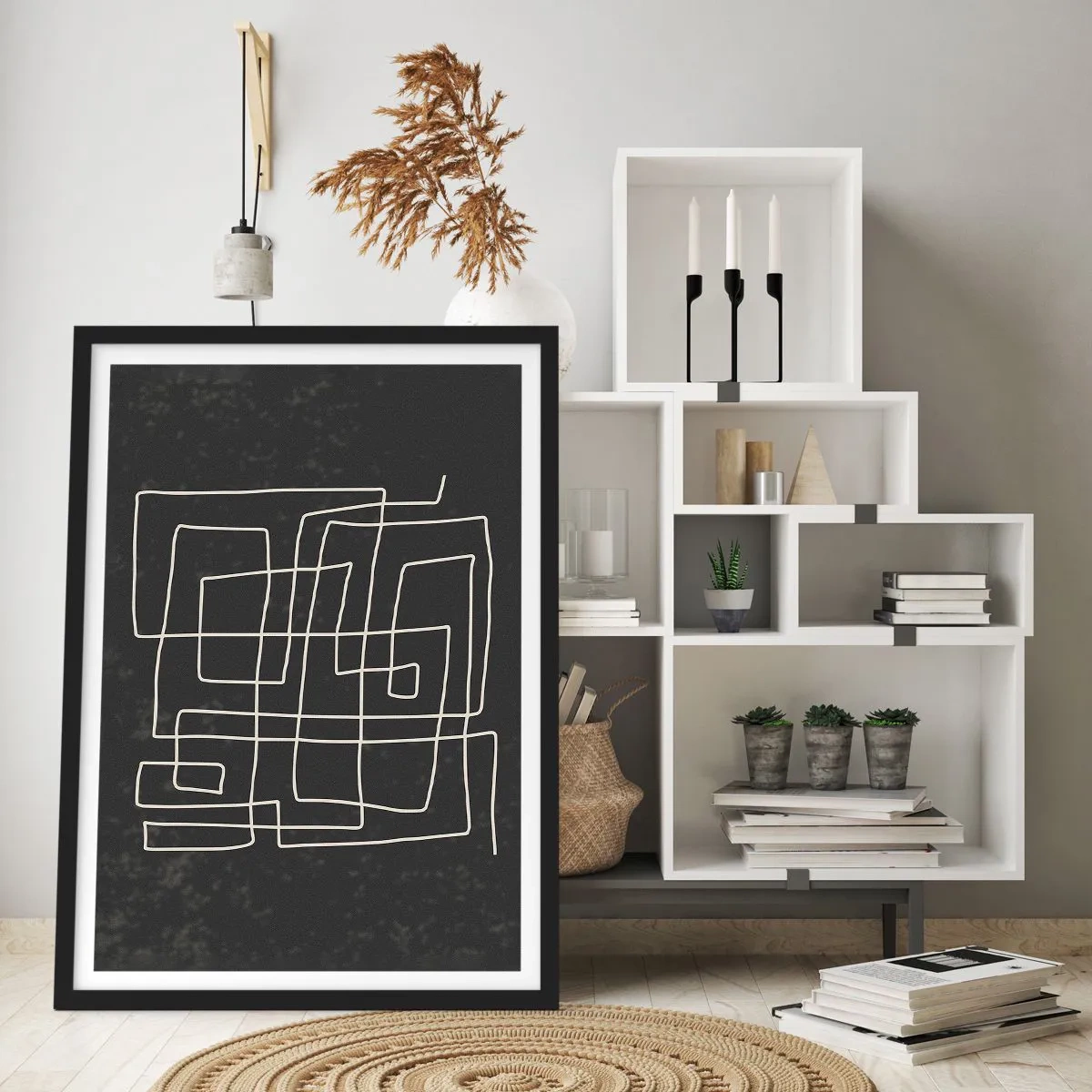 Poster în ramă neagră - Abstracție geometrică pe fundal negru - 50x70cm - Nu atât de simplu - Decorațiune modernă pentru perete pentru living și dormitor ARTTOR