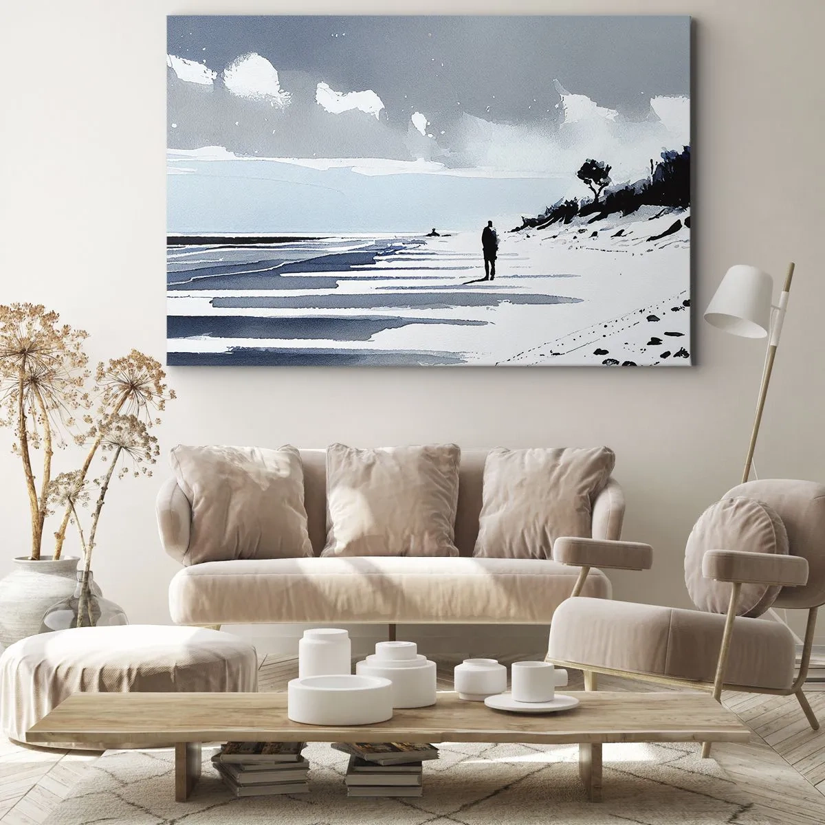 Tablou pe pânză Canvas - O figură singuratică mergând pe o plajă pustie - 70x50cm - Singuratic - Decorațiune modernă pentru perete pentru living și dormitor ARTTOR