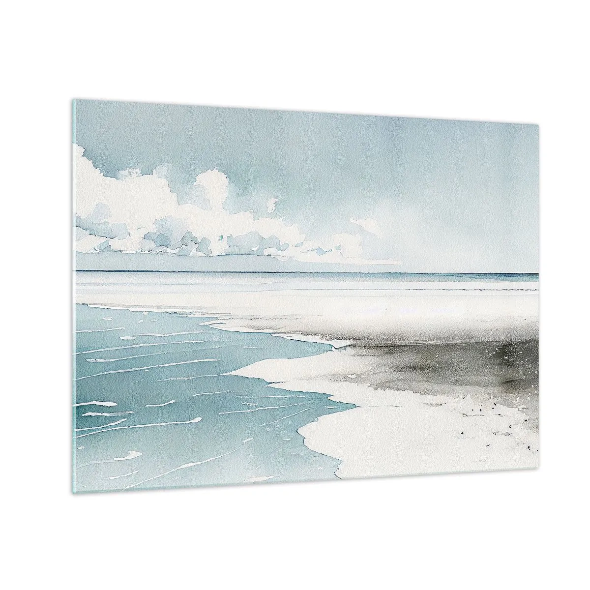 Tablou pe sticlă - Un peisaj marin liniștit în stil acuarelă în nuanțe de albastru. - 70x50cm - Mareea blândă - Decorațiune modernă pentru perete pentru living și dormitor ARTTOR