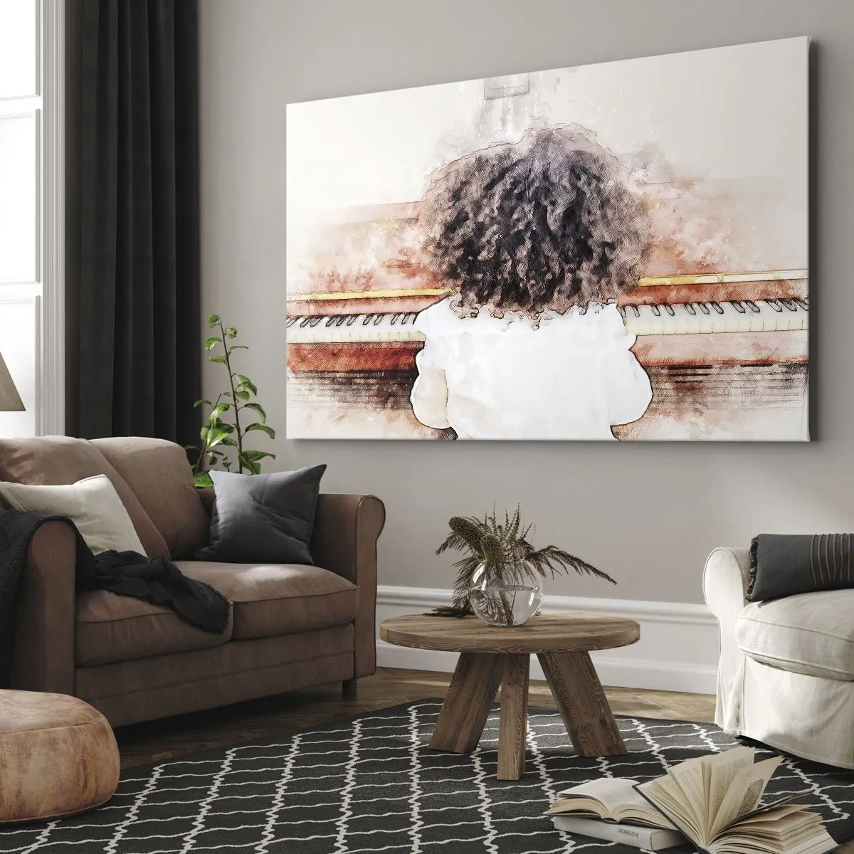 Tablou pe pânză Canvas - O fată cu părul stufos la pian - 70x50cm - Într-o lume a muzicii - Decorațiune modernă pentru perete pentru living și dormitor ARTTOR