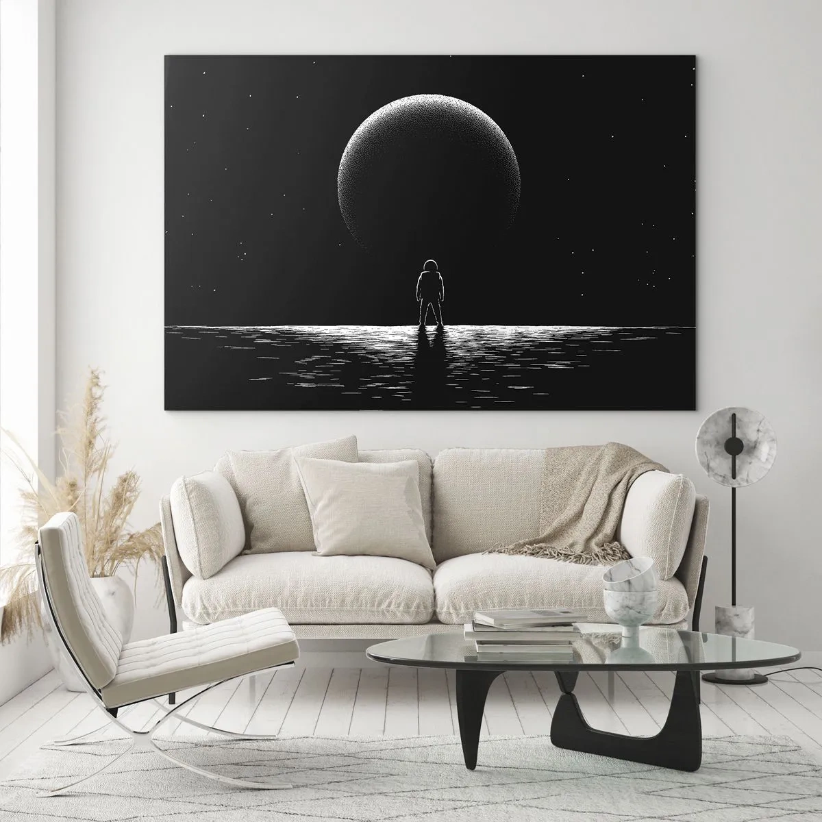 Tablou pe sticlă - Astronautul stă în fața unei planete în alb și negru - 70x50cm - Față în față - Decorațiune modernă pentru perete pentru living și dormitor ARTTOR