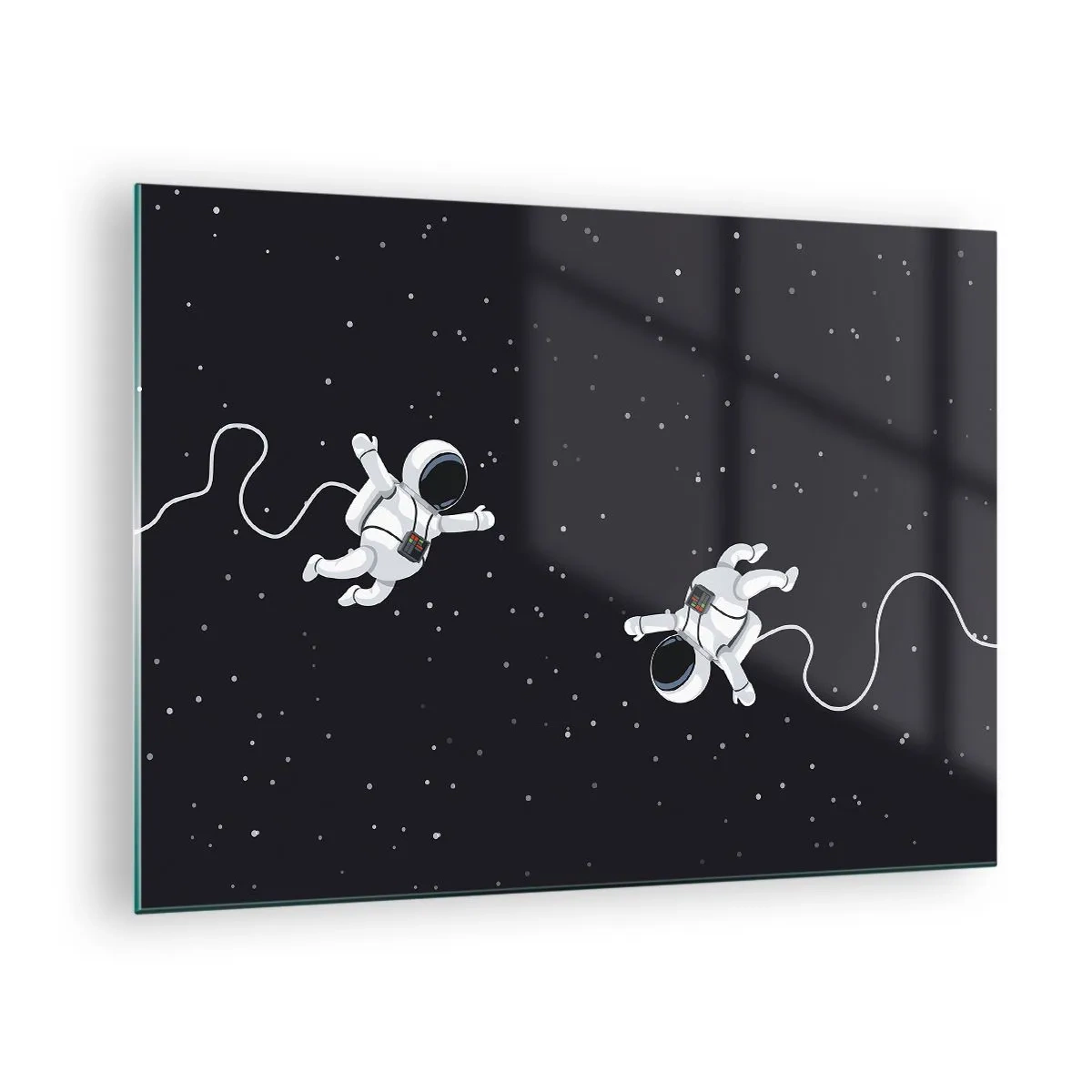 Tablou pe sticlă - Doi astronauți plutind în spațiu - 70x50cm - Dansul spațial - Decorațiune modernă pentru perete pentru living și dormitor ARTTOR