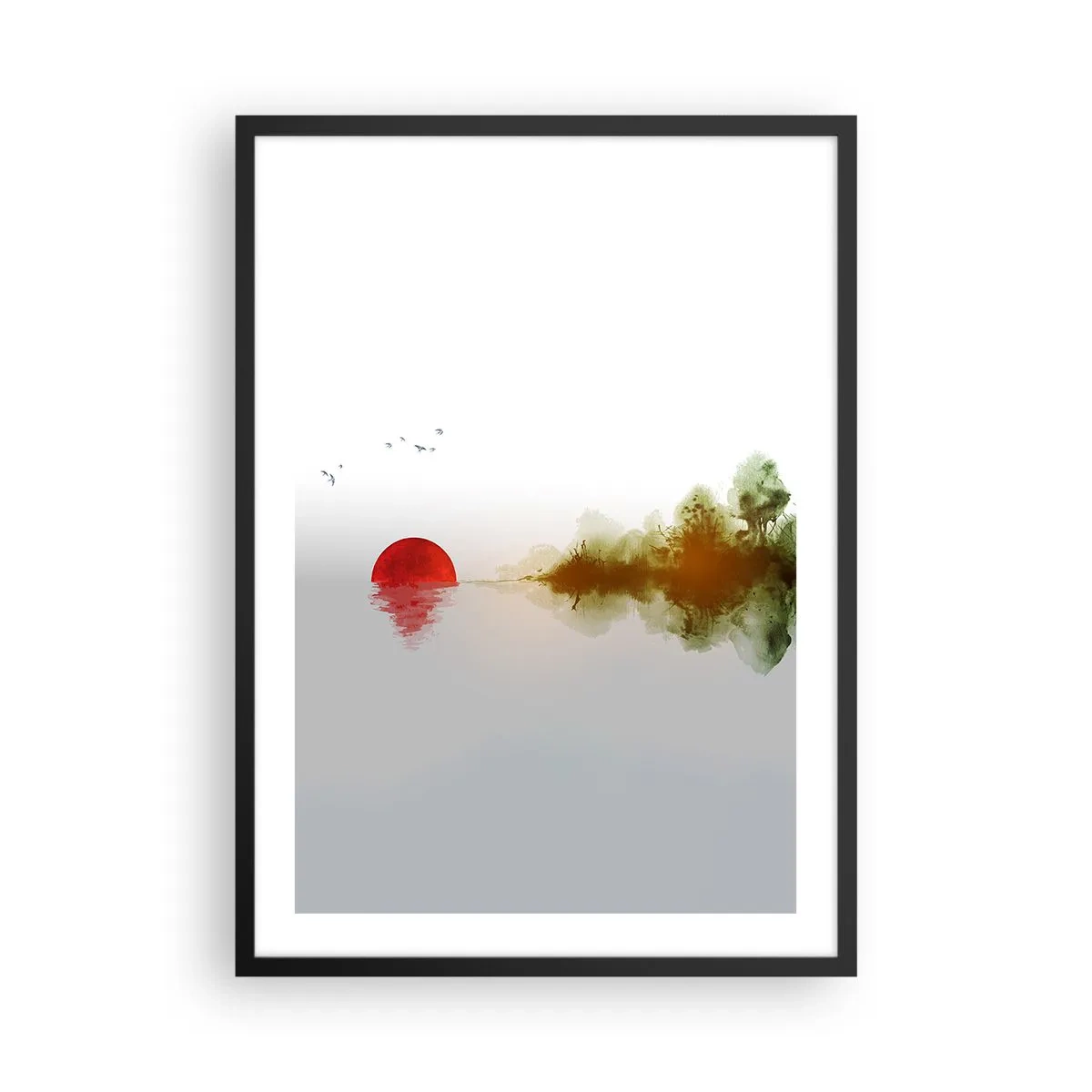 Poster în ramă neagră - Un peisaj minimalist cu un soare roșu și un lac. - 50x70cm - Promisiune de liniște - Decorațiune modernă pentru perete pentru living și dormitor ARTTOR