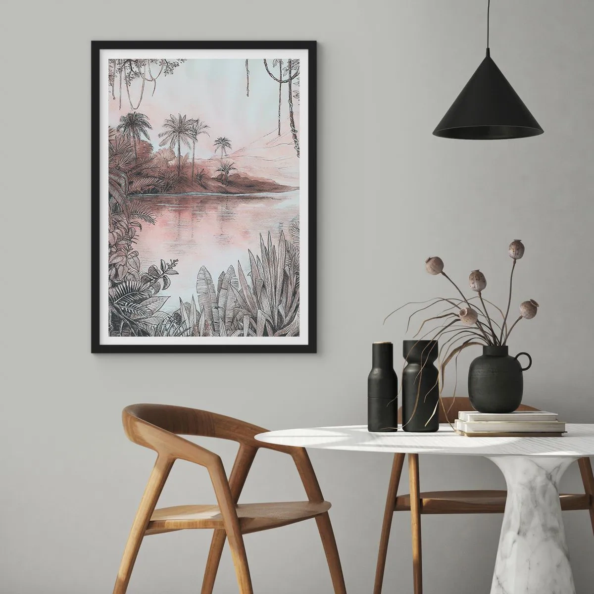 Poster în ramă neagră - Peisaj exotic lângă apă - 50x70cm - Jurnalul unui explorator din secolul al XIX-lea - Decorațiune modernă pentru perete pentru living și dormitor ARTTOR