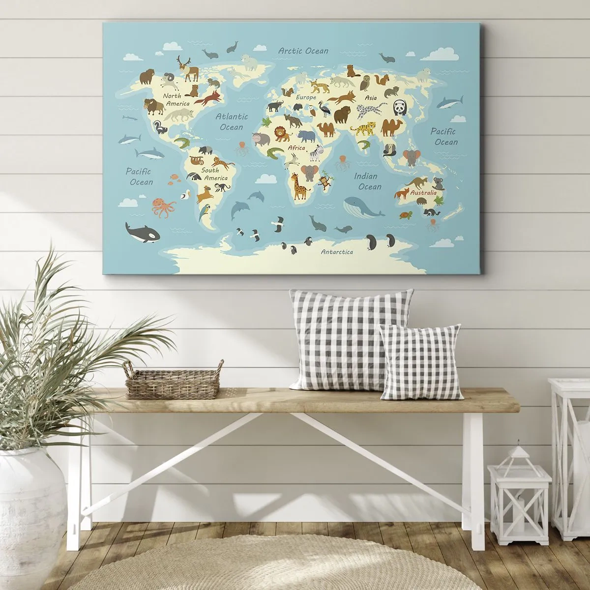 Tablou pe pânză Canvas - Hartă a lumii cu ilustrații cu animale - 70x50cm - Vecini buni - Decorațiune modernă pentru perete pentru living și dormitor ARTTOR