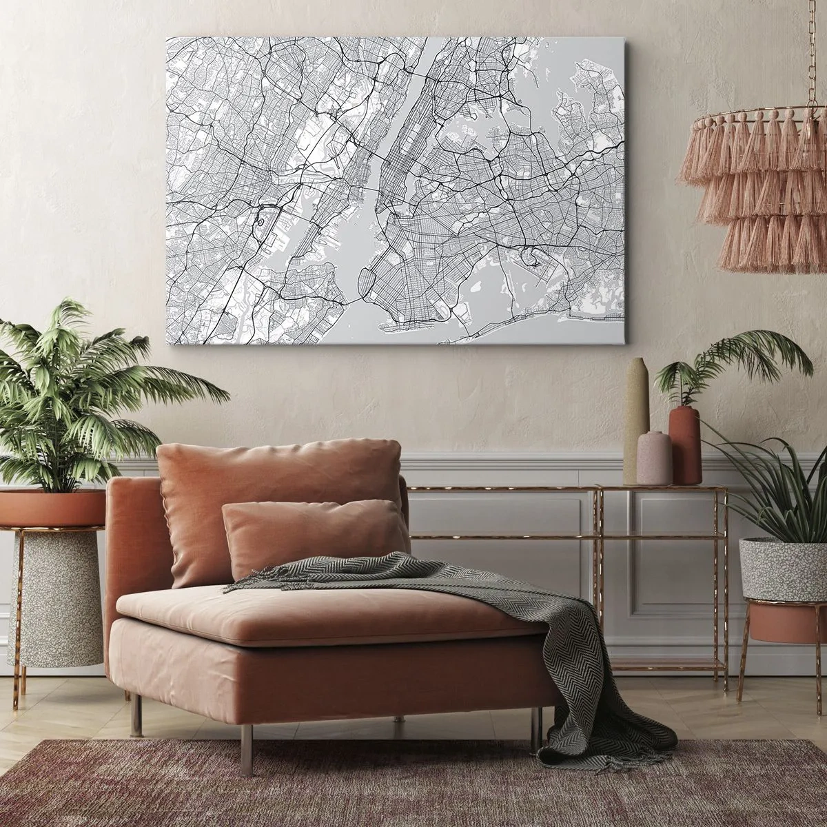 Tablou pe pânză Canvas - O hartă a orașului în stil minimalist pe fundal gri - 70x50cm - Anatomia unei metropole - Decorațiune modernă pentru perete pentru living și dormitor ARTTOR