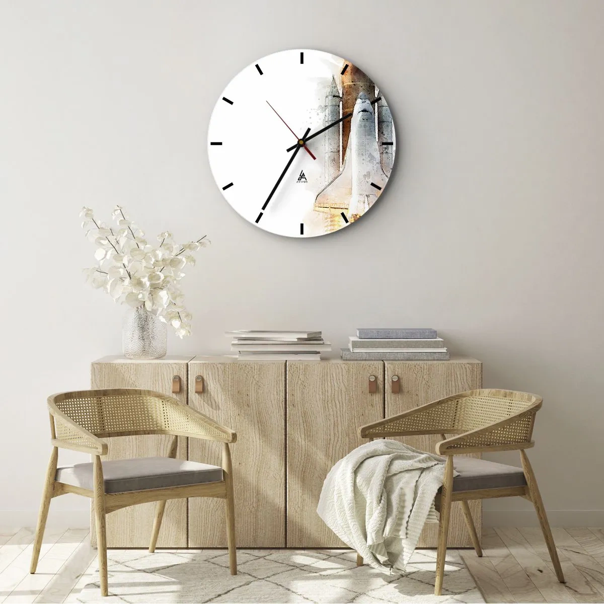Ceas de perete - Ceas pe sticlă - Lansare de rachetă în stil acuarelă pe fundal alb - 30x30cm - Exploratorii la start - Decorațiune modernă pentru perete pentru living, bucătărie și dormitor ARTTOR