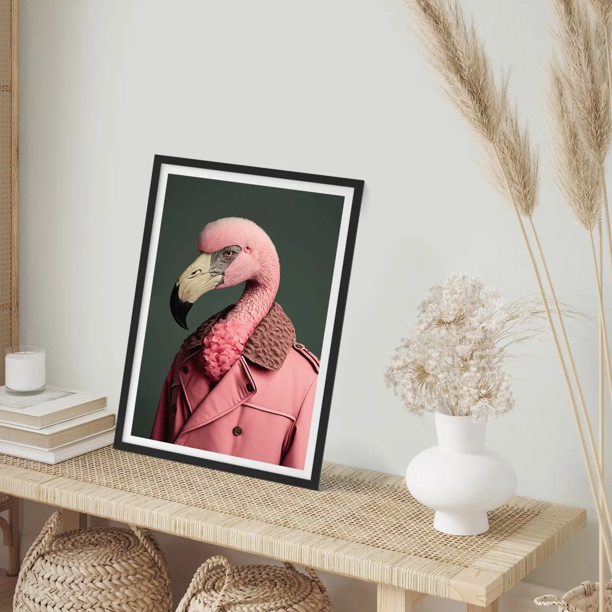 Poster în ramă neagră - Un flamingo elegant într-o haină elegantă - 50x70cm - Cu adevărat elegant - Decorațiune modernă pentru perete pentru living și dormitor ARTTOR