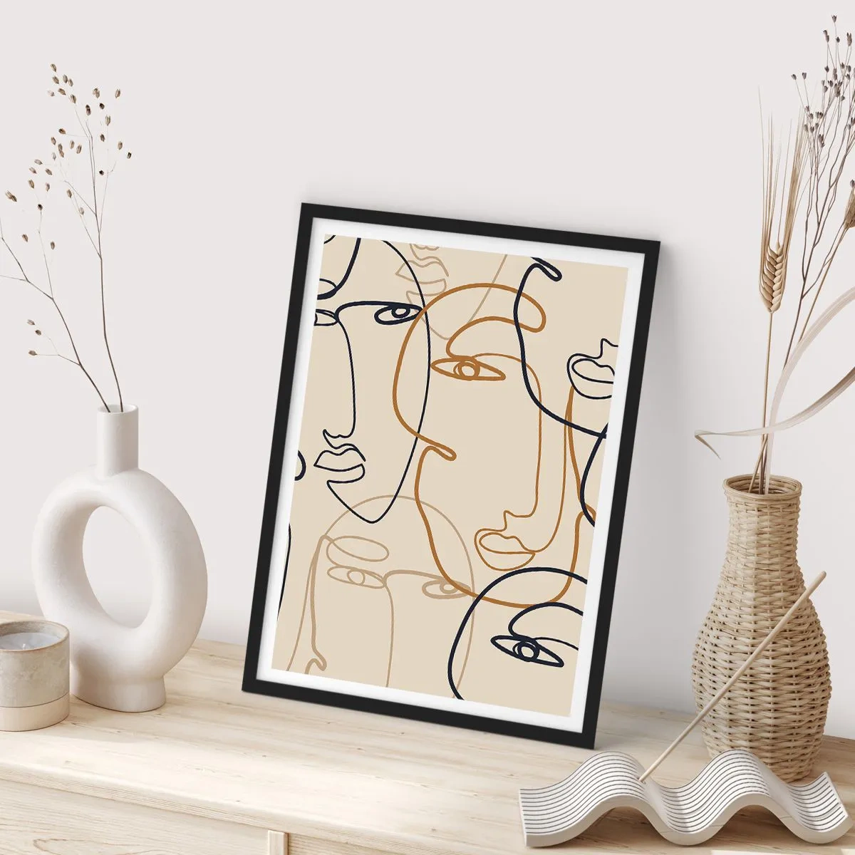 Poster în ramă neagră - Desene minimaliste de fețe pe fundal bej - 50x70cm - Portret multiplicat - Decorațiune modernă pentru perete pentru living și dormitor ARTTOR