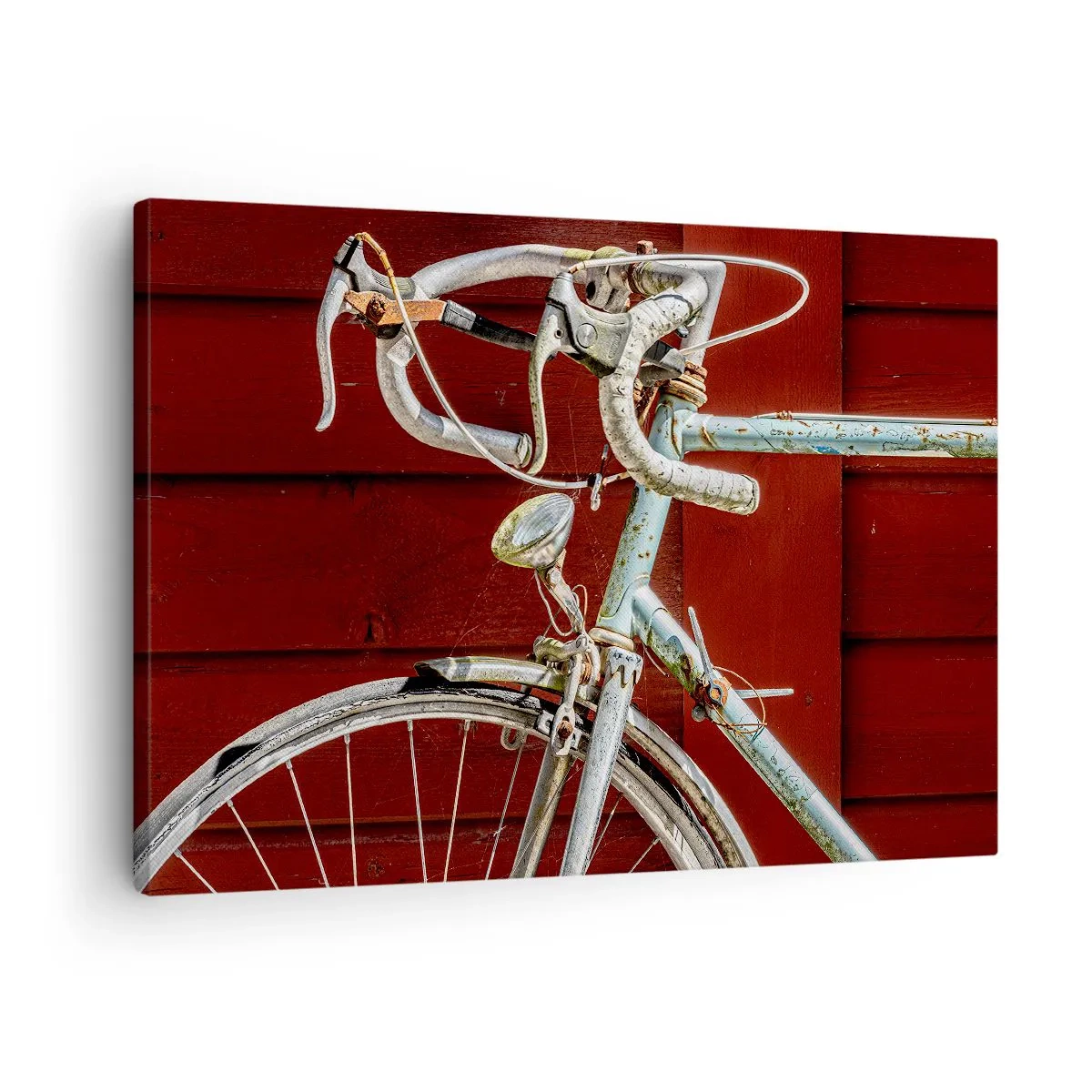Tablou pe pânză Canvas - O bicicletă vintage pe un perete roșu din lemn - 70x50cm - Creat pentru victorie - Decorațiune modernă pentru perete pentru living și dormitor ARTTOR