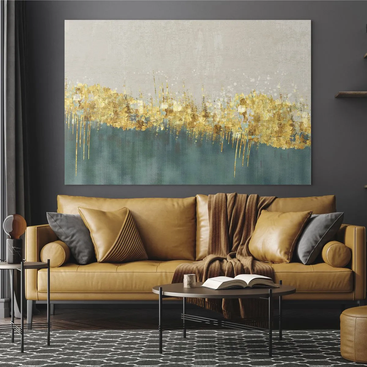 Tablou pe sticlă - Accentele aurii creează o graniță între bej și verde sticlă - 70x50cm - Frontiera de aur - Decorațiune modernă pentru perete pentru living și dormitor ARTTOR