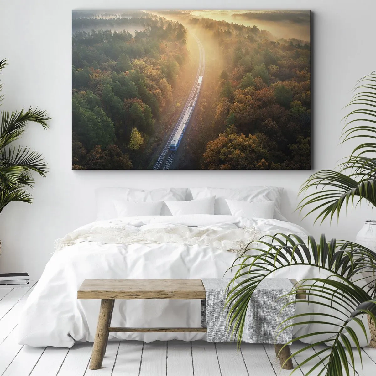 Tablou pe pânză Canvas - Un tren într-o pădure de toamnă în zori - 70x50cm - Călătorie de toamnă - Decorațiune modernă pentru perete pentru living și dormitor ARTTOR