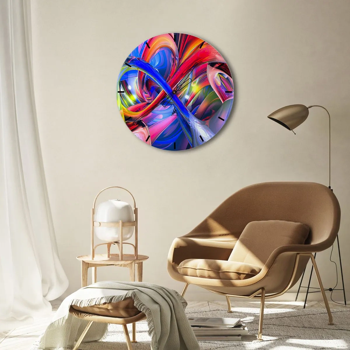 Ceas de perete - Ceas pe sticlă - O compoziție abstractă în culori vii și intense. - 30x30cm - Dansul culorilor - Decorațiune modernă pentru perete pentru living, bucătărie și dormitor ARTTOR