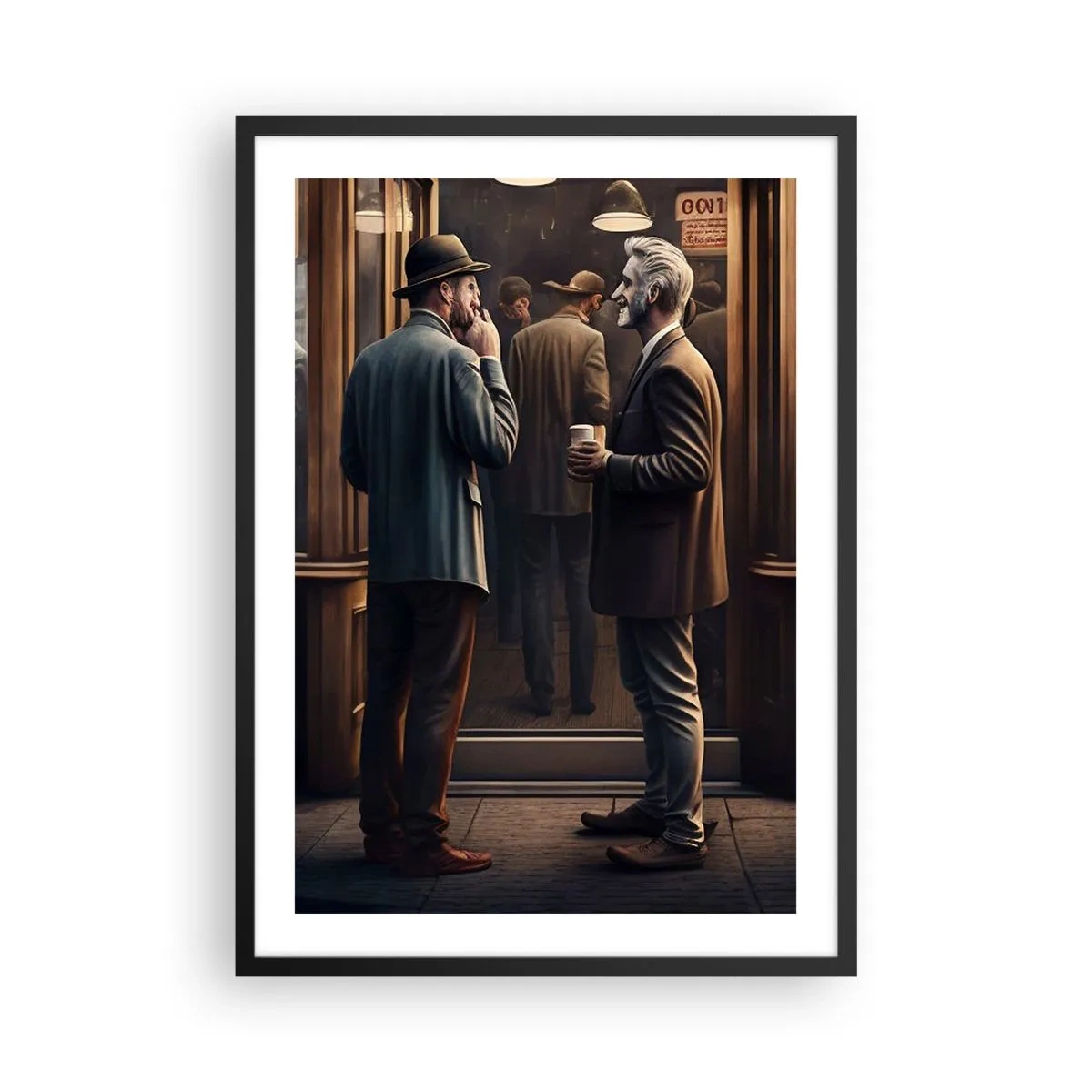 Poster în ramă neagră - Doi bărbați eleganți care vorbesc în fața unei cafenele - 50x70cm - Cel mai bun moment al zilei - Decorațiune modernă pentru perete pentru living și dormitor ARTTOR