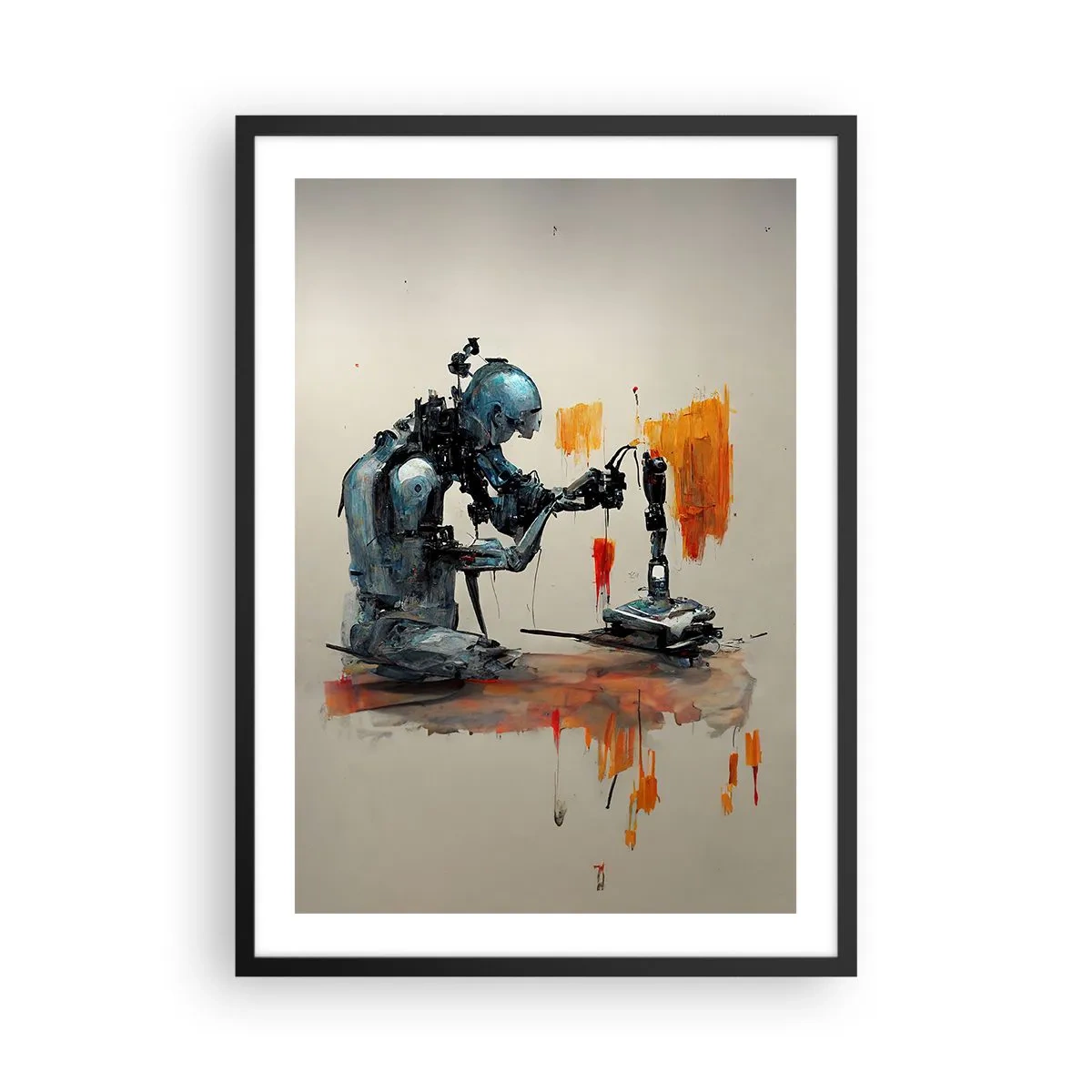 Poster în ramă neagră - Un robot cibernetic în actul de creare a artei. - 50x70cm - Vine ziua de mâine..... - Decorațiune modernă pentru perete pentru living și dormitor ARTTOR