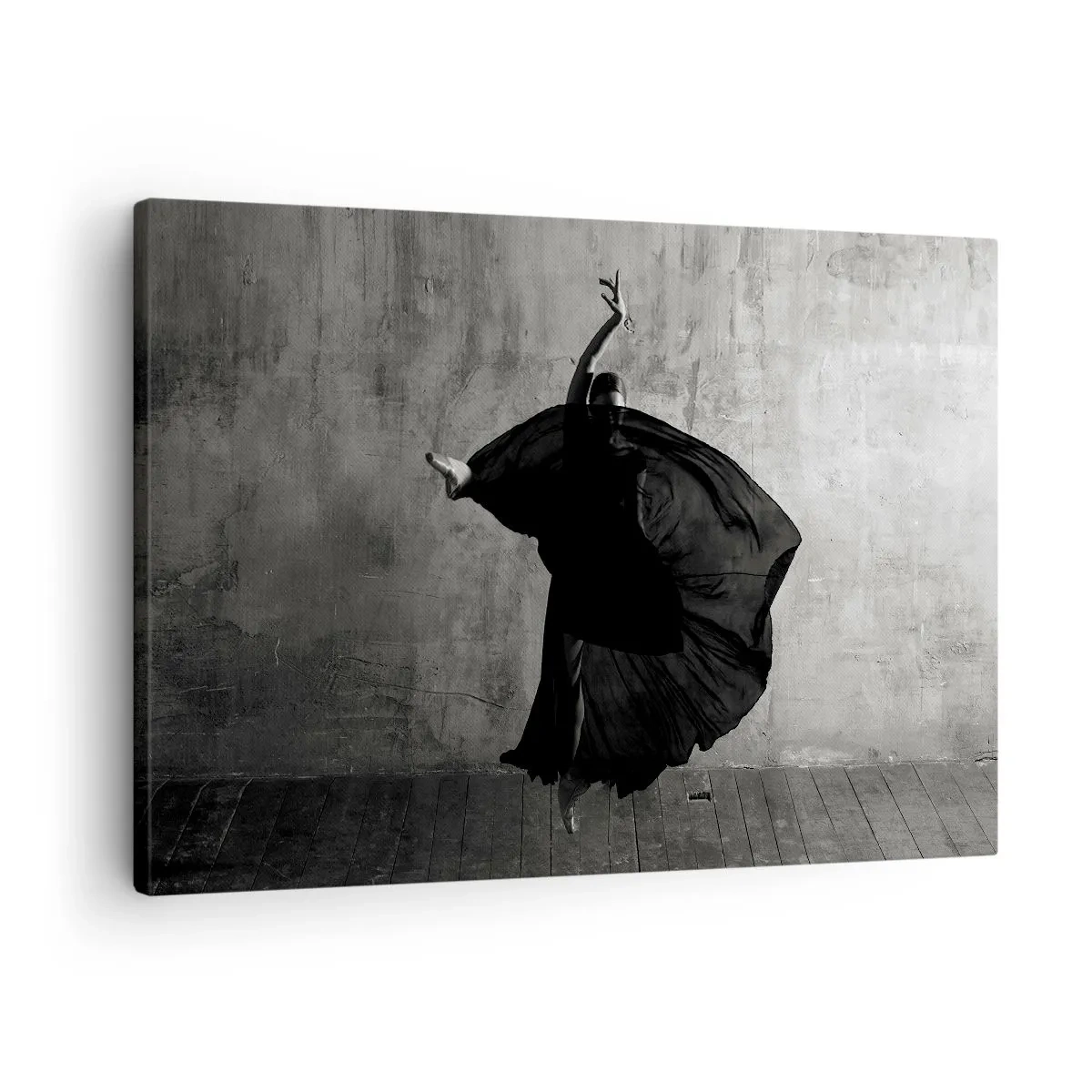 Tablou pe pânză Canvas - Siluetă alb-negru a unui dansator în mișcare pe un fundal de perete - 70x50cm - Un pas pasional - Decorațiune modernă pentru perete pentru living și dormitor ARTTOR