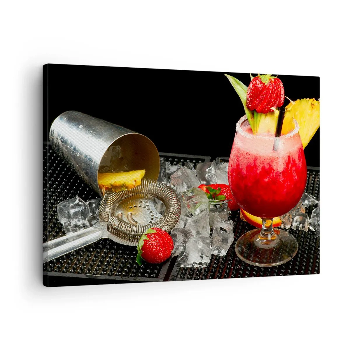 Tablou pe pânză Canvas - Un cocktail colorat cu căpșuni, gheață și ananas - 70x50cm - Evocați gustul - Decorațiune modernă pentru perete pentru living și dormitor ARTTOR