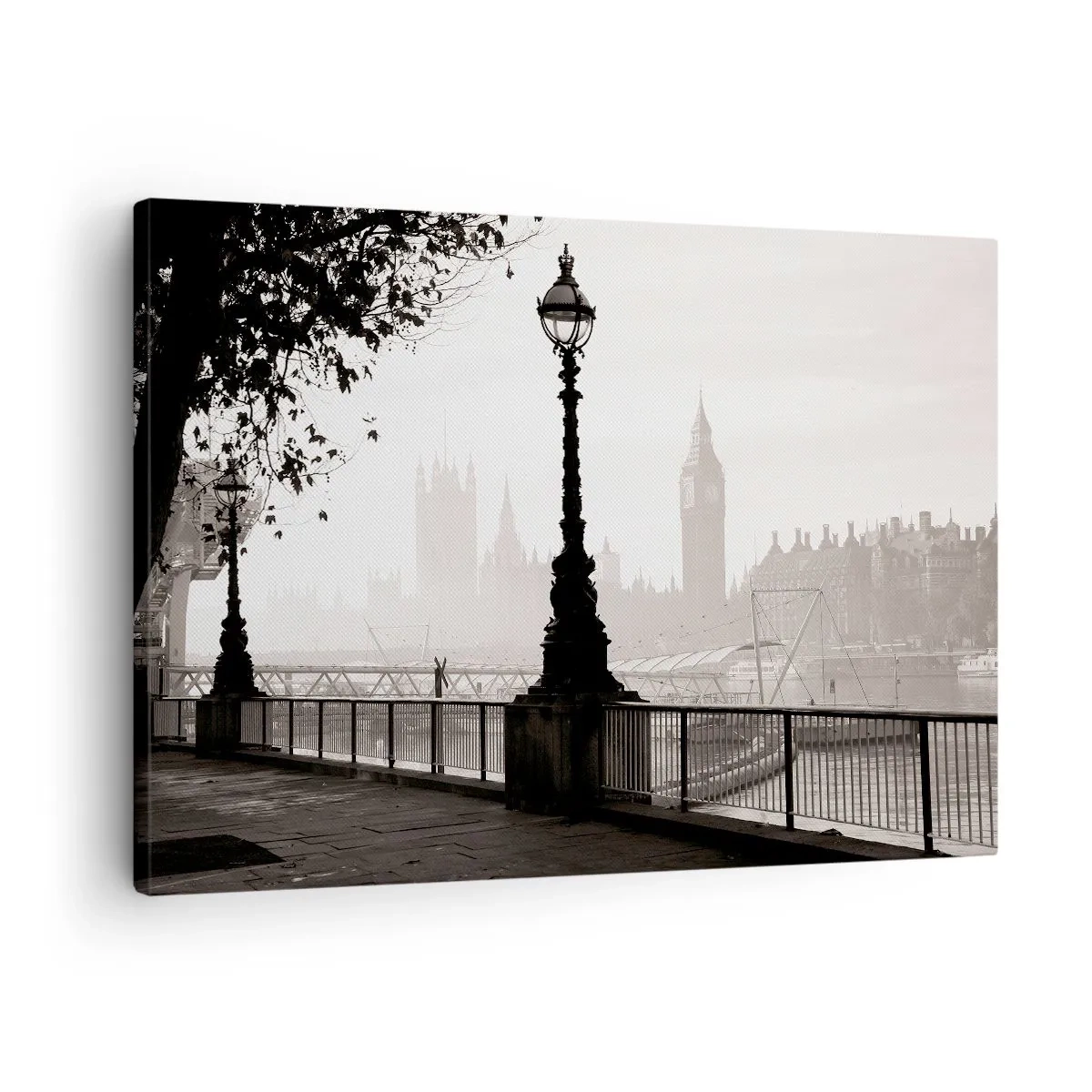 Tablou pe pânză Canvas - O vedere monocromatică a Big Ben și a Tamisei. - 70x50cm - Londra de dimineața - Decorațiune modernă pentru perete pentru living și dormitor ARTTOR