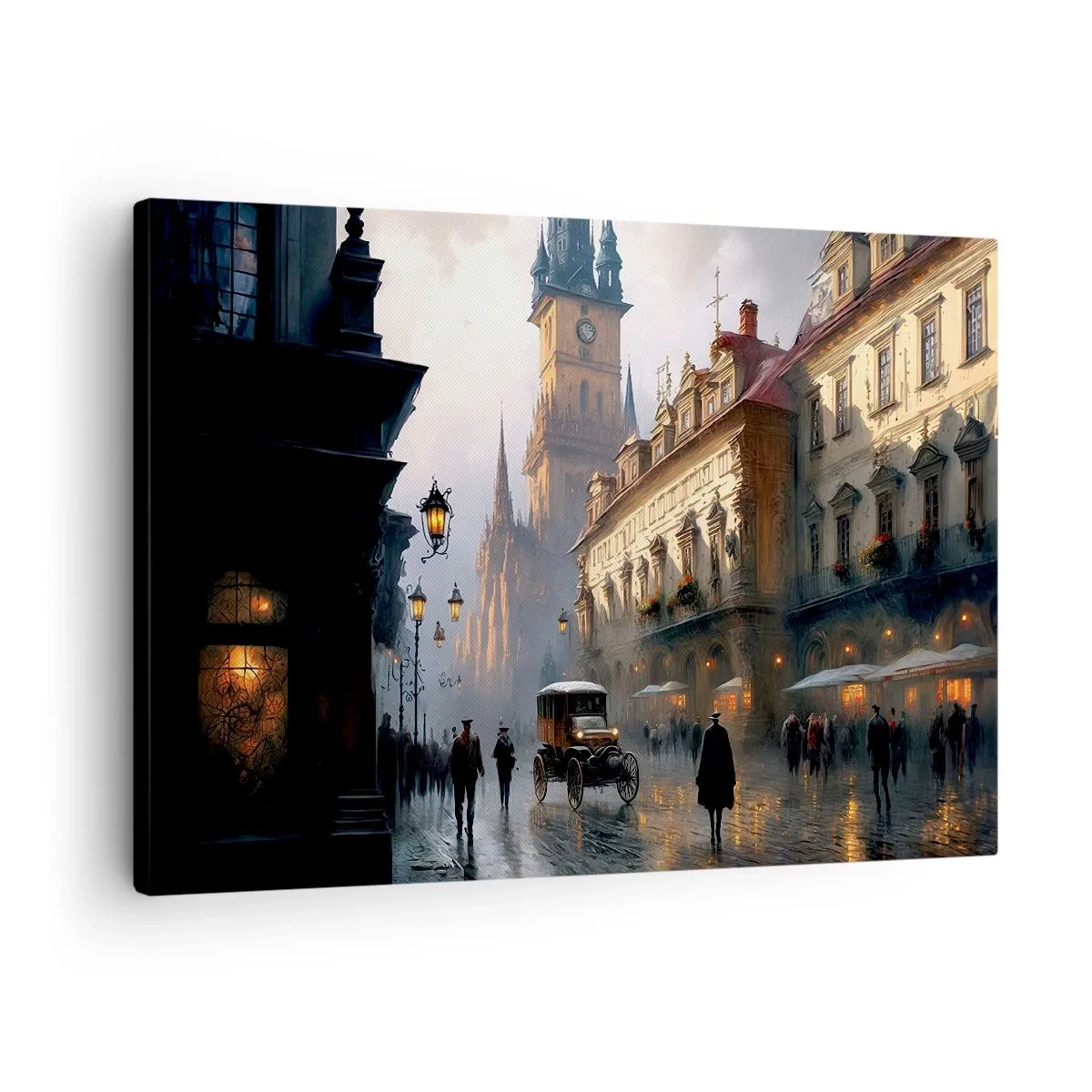 Tablou pe pânză Canvas - Scenă stradală de seară cu arhitectură istorică - 70x50cm - Magia unei seri la Praga - Decorațiune modernă pentru perete pentru living și dormitor ARTTOR