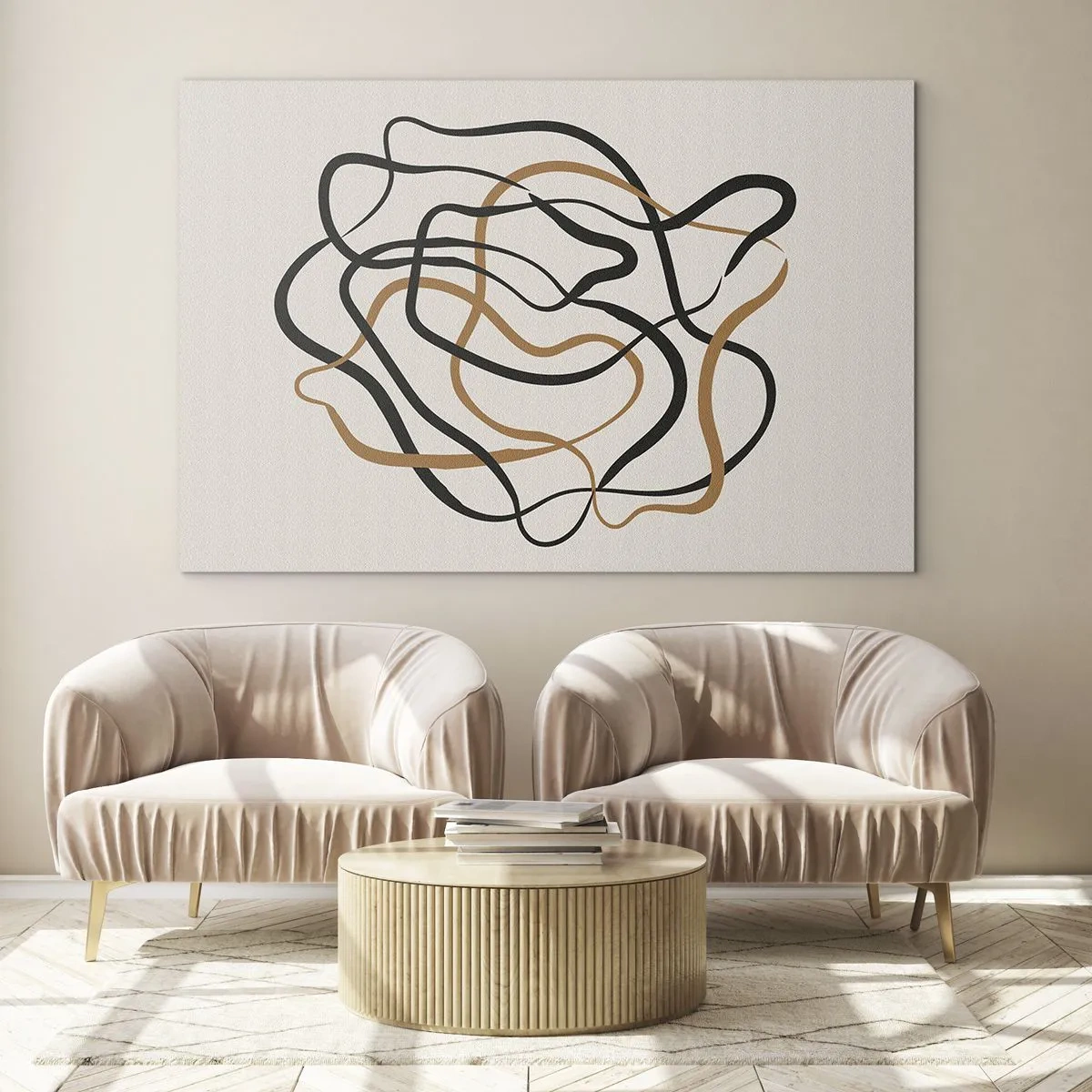 Tablou pe sticlă - O încrețitură abstractă de linii negre și maro. - 70x50cm - Totul s-a încurcat - Decorațiune modernă pentru perete pentru living și dormitor ARTTOR