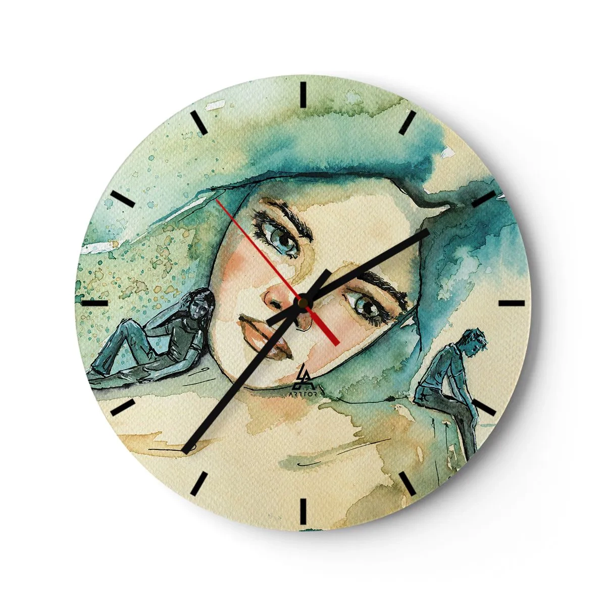 Ceas de perete - Ceas pe sticlă - Portret artistic al unei femei și siluete în nuanțe de albastru - 30x30cm - Am I blue? - Decorațiune modernă pentru perete pentru living, bucătărie și dormitor ARTTOR