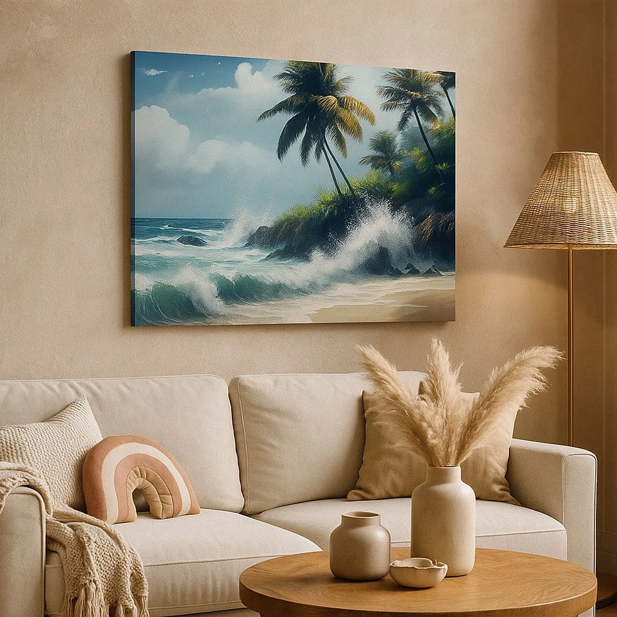 Tablou pe pânză Canvas - țărm tropical cu palmieri și o mare agitată - 70x50cm - Pe un țărm tropical - Decorațiune modernă pentru perete pentru living și dormitor ARTTOR