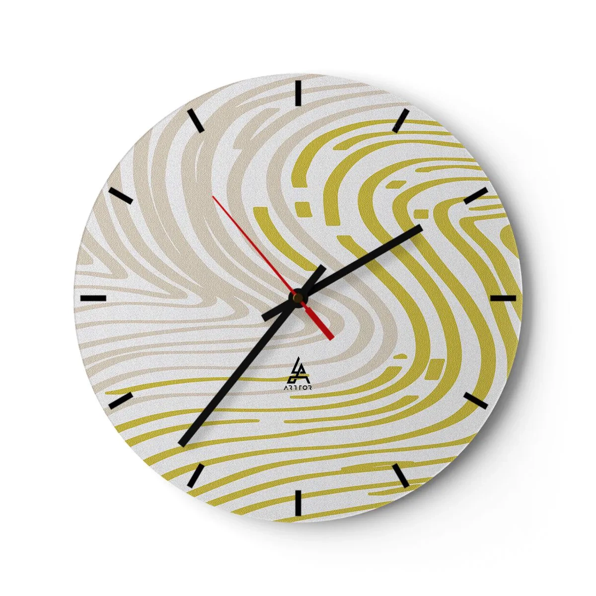 Ceas de perete - Ceas pe sticlă - Linii abstracte în bej și galben creează un model învârtitor. - 30x30cm - Compoziție cu cambrare ușoară - Decorațiune modernă pentru perete pentru living, bucătărie și dormitor ARTTOR