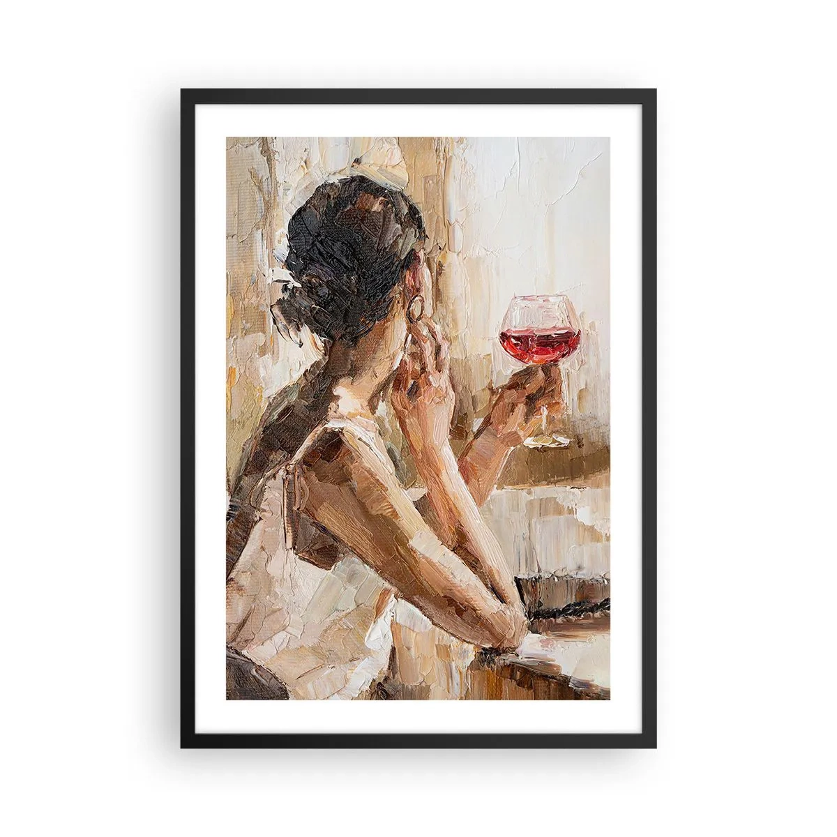 Poster în ramă neagră - O femeie ținând un pahar de vin, cu o privire gânditoare - 50x70cm - Gustul unui moment bun - Decorațiune modernă pentru perete pentru living și dormitor ARTTOR