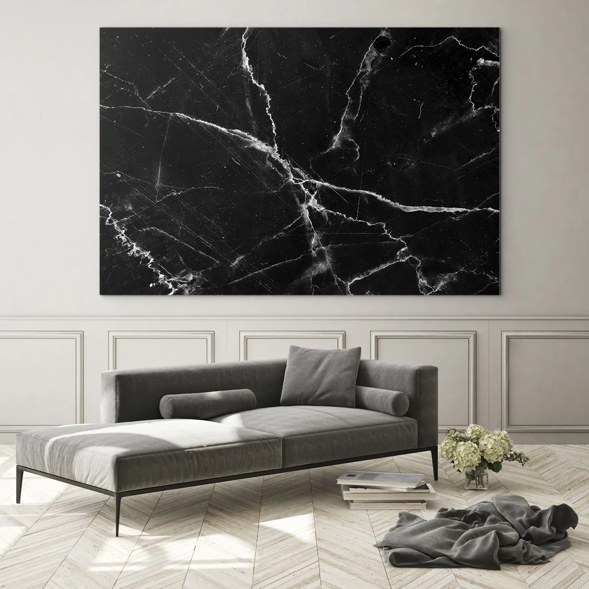 Tablou pe sticlă - Suprafață de marmură neagră cu vene ușoare - 70x50cm - Viața secretă a unei pietre - Decorațiune modernă pentru perete pentru living și dormitor ARTTOR