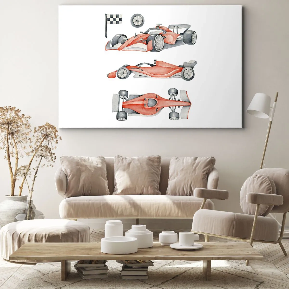 Tablou pe pânză Canvas - O mașină de curse roșie cu un steag în carouri - 70x50cm - Prindeți visul - Decorațiune modernă pentru perete pentru living și dormitor ARTTOR