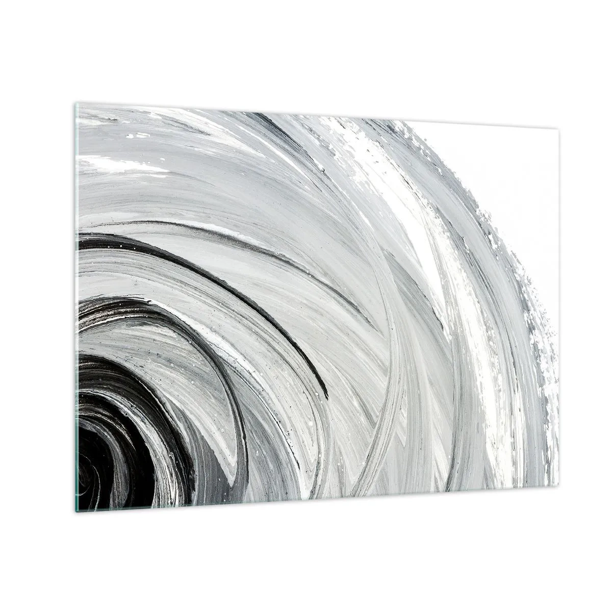 Tablou pe sticlă - O spirală alb-negru cu tușe dinamice de pensulă. - 70x50cm - Compoziție orbitală - Decorațiune modernă pentru perete pentru living și dormitor ARTTOR