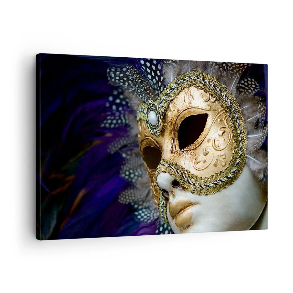 Tablou pe pânză Canvas - Mască venețiană aurie cu pene decorative și ornamente - 70x50cm - Portret venețian în aur - Decorațiune modernă pentru perete pentru living și dormitor ARTTOR