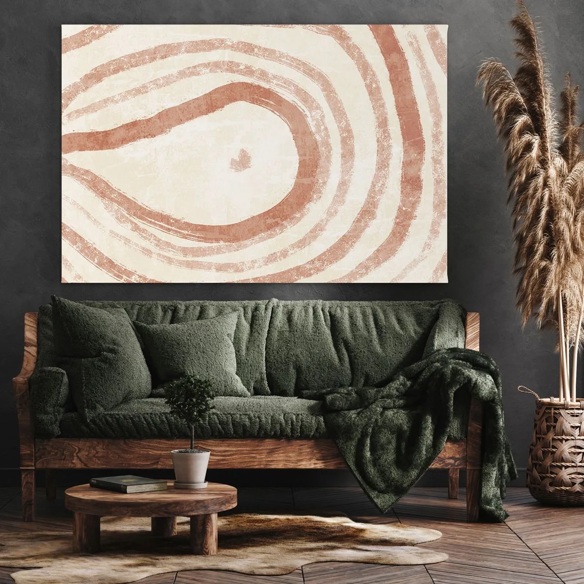Tablou pe pânză Canvas - Un motiv abstract de linii concentrice în nuanțe de teracotă. - 70x50cm - Cercuri de corali - compoziție - Decorațiune modernă pentru perete pentru living și dormitor ARTTOR