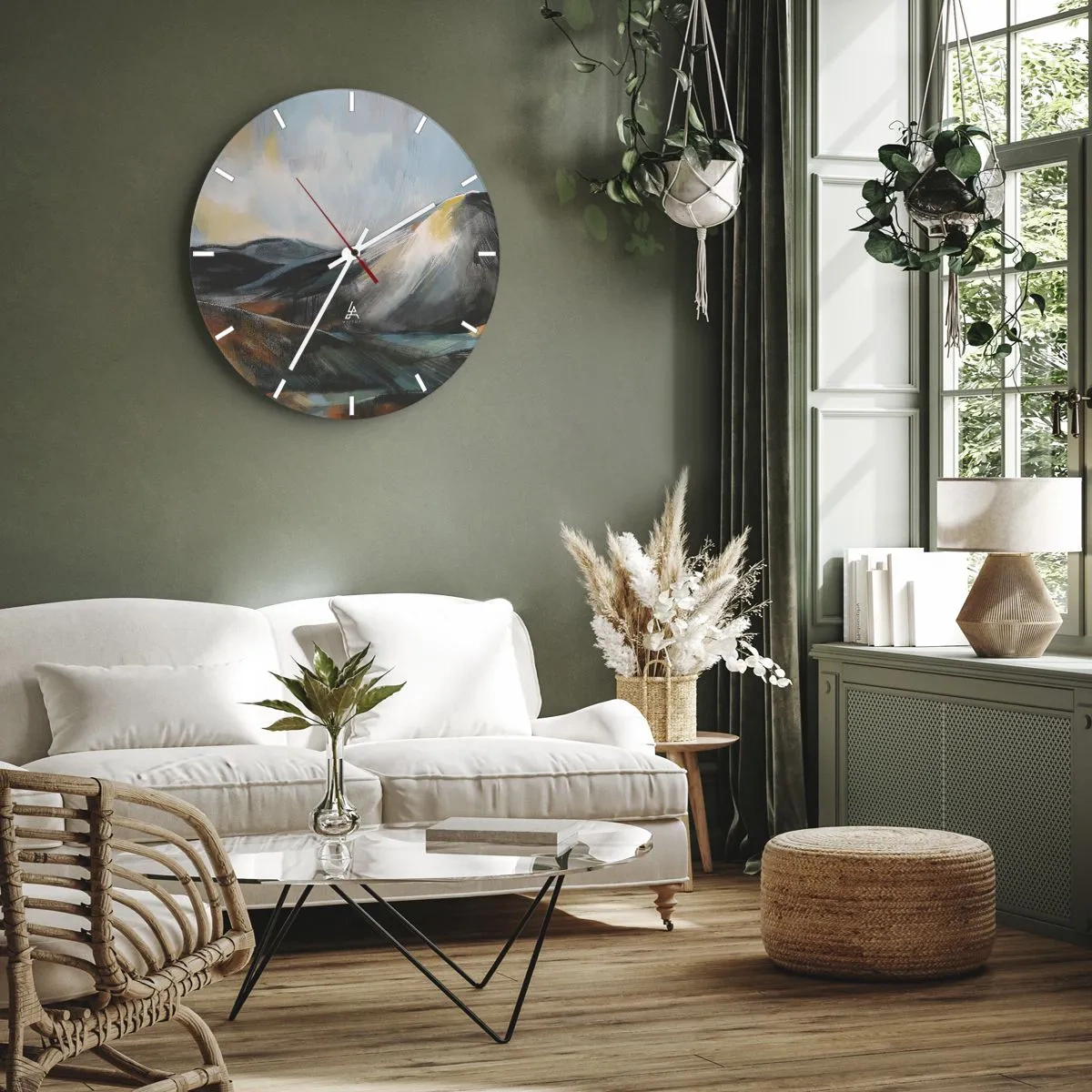 Ceas de perete - Ceas pe sticlă - Un peisaj montan pitoresc în culori calde - 30x30cm - Dure și frumoase - Decorațiune modernă pentru perete pentru living, bucătărie și dormitor ARTTOR